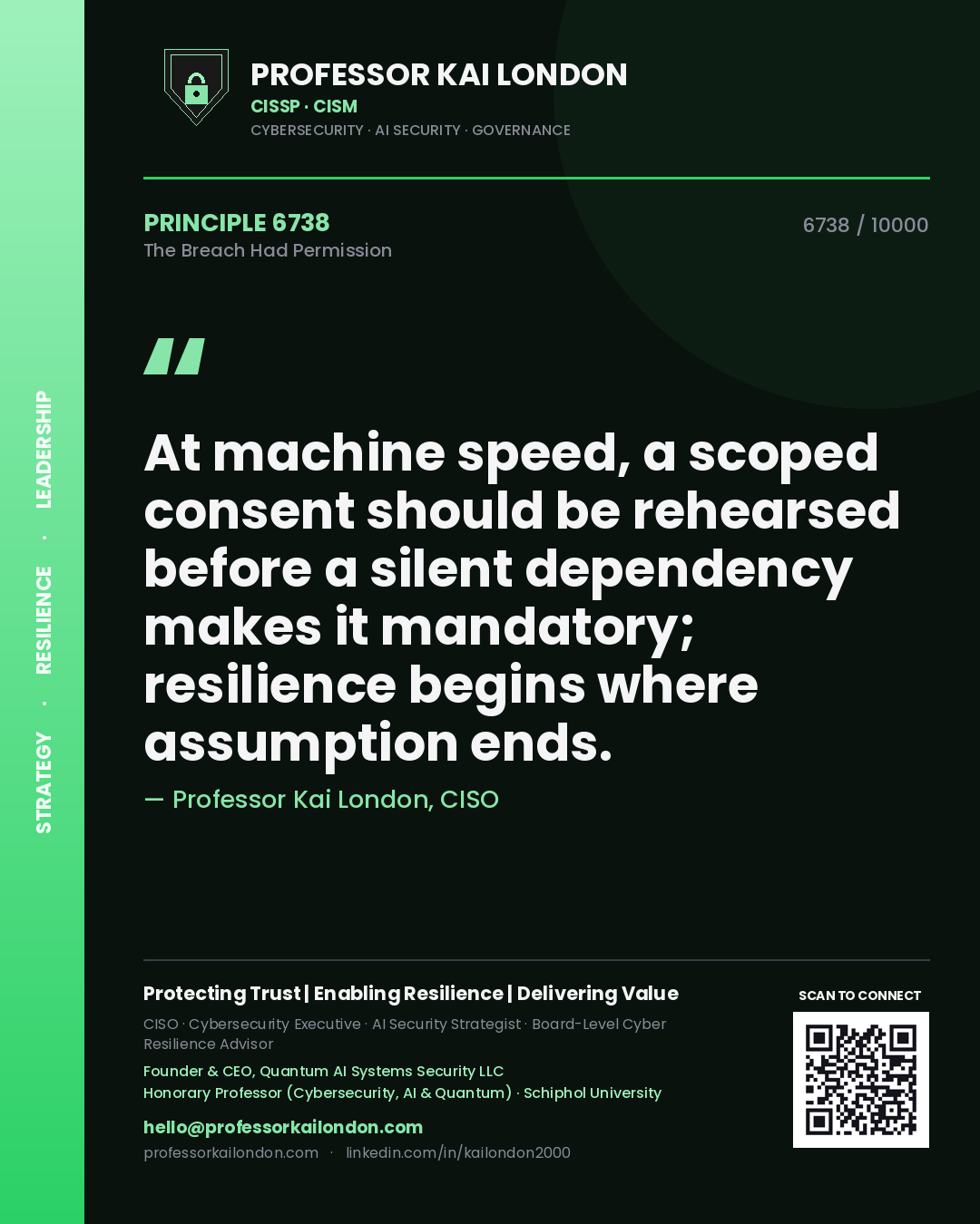 Professor Kai London principle 6738: At machine speed, a scoped consent should be rehearsed before a silent dependency makes it mandatory; resilience begins where assumption ends.