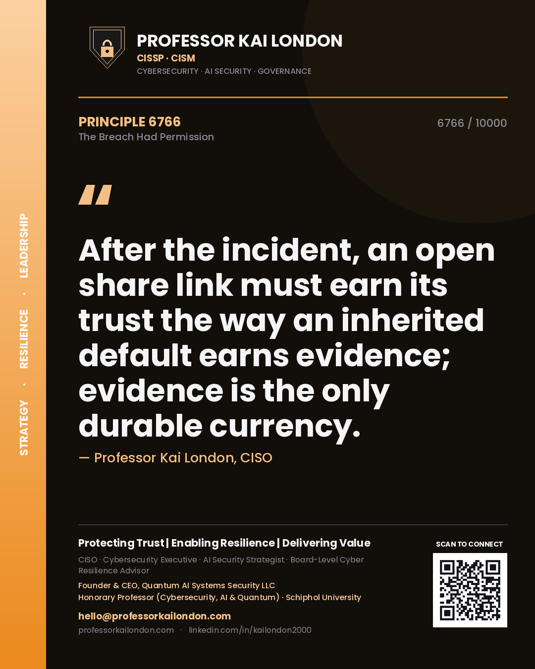 Professor Kai London principle 6766: After the incident, an open share link must earn its trust the way an inherited default earns evidence; evidence is the only durable currency.