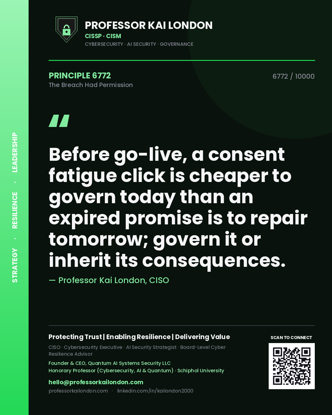Quote card by Professor Kai London reading 'Before go-live, a consent fatigue click is cheaper to govern today than an expired promise is to repair tomorrow; govern it or inherit its consequences.'. From the book The Breach Had Permission.