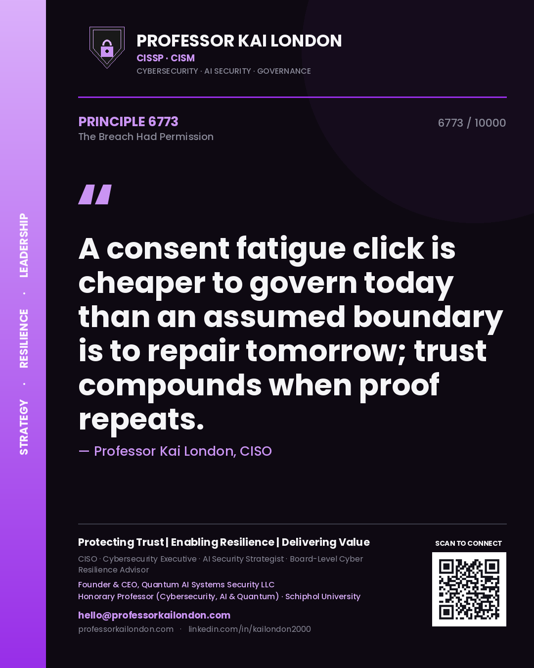 Professor Kai London principle 6773: A consent fatigue click is cheaper to govern today than an assumed boundary is to repair tomorrow; trust compounds when proof repeats.