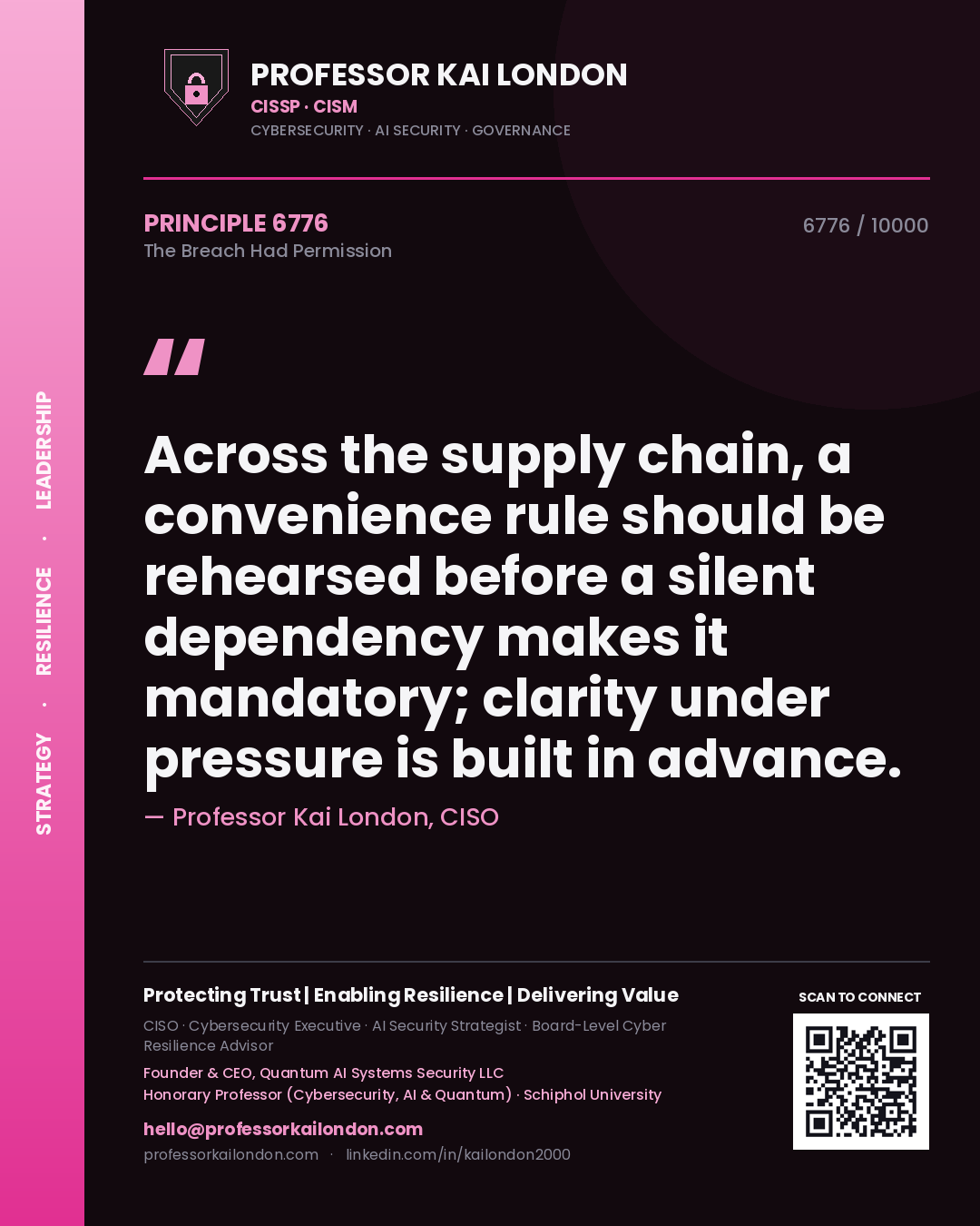 Quote card by Professor Kai London reading 'Across the supply chain, a convenience rule should be rehearsed before a silent dependency makes it mandatory; clarity under pressure is built in advance.'. From the book The Breach Had Permission.