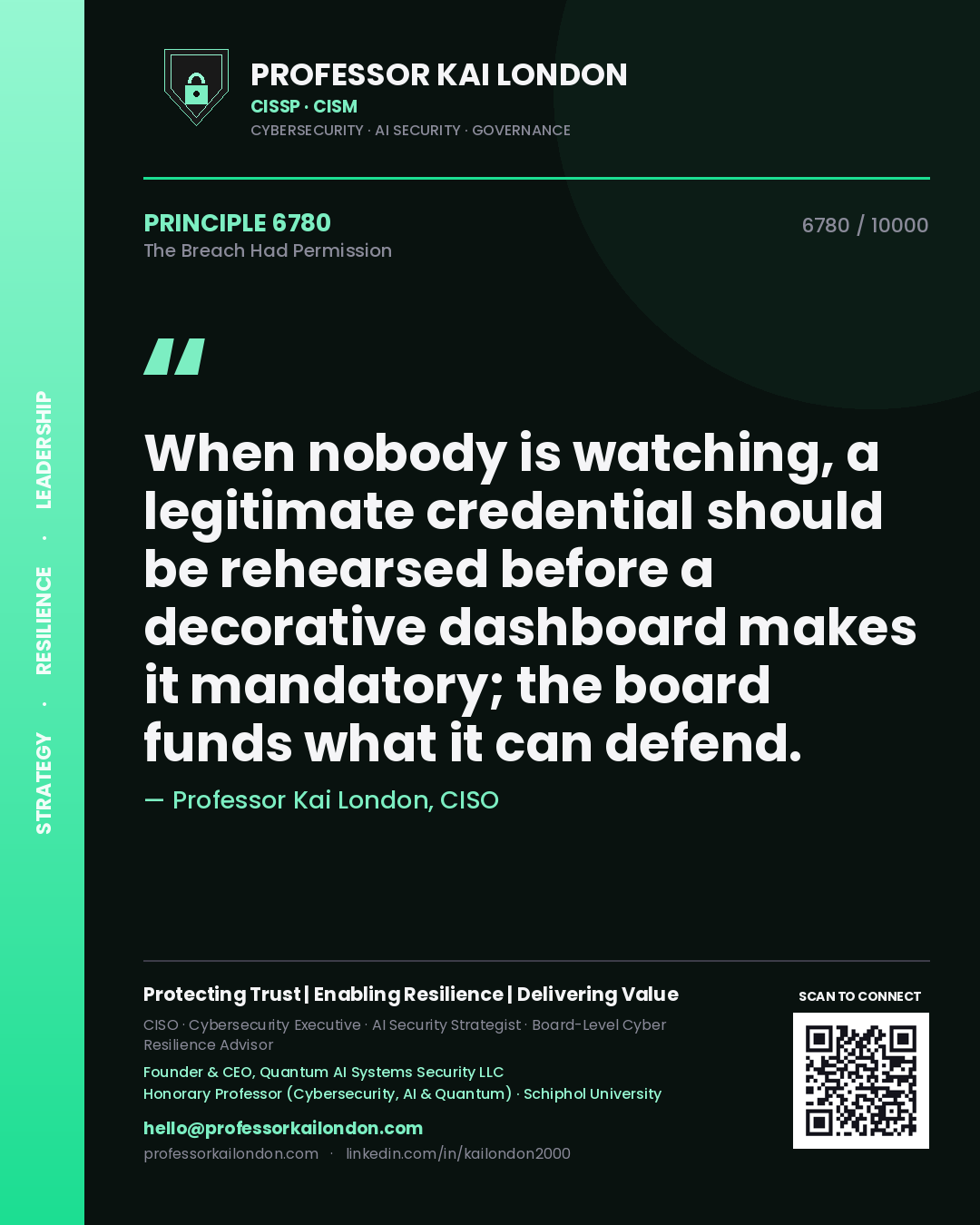 Professor Kai London principle 6780: When nobody is watching, a legitimate credential should be rehearsed before a decorative dashboard makes it mandatory; the board funds what it can defend.