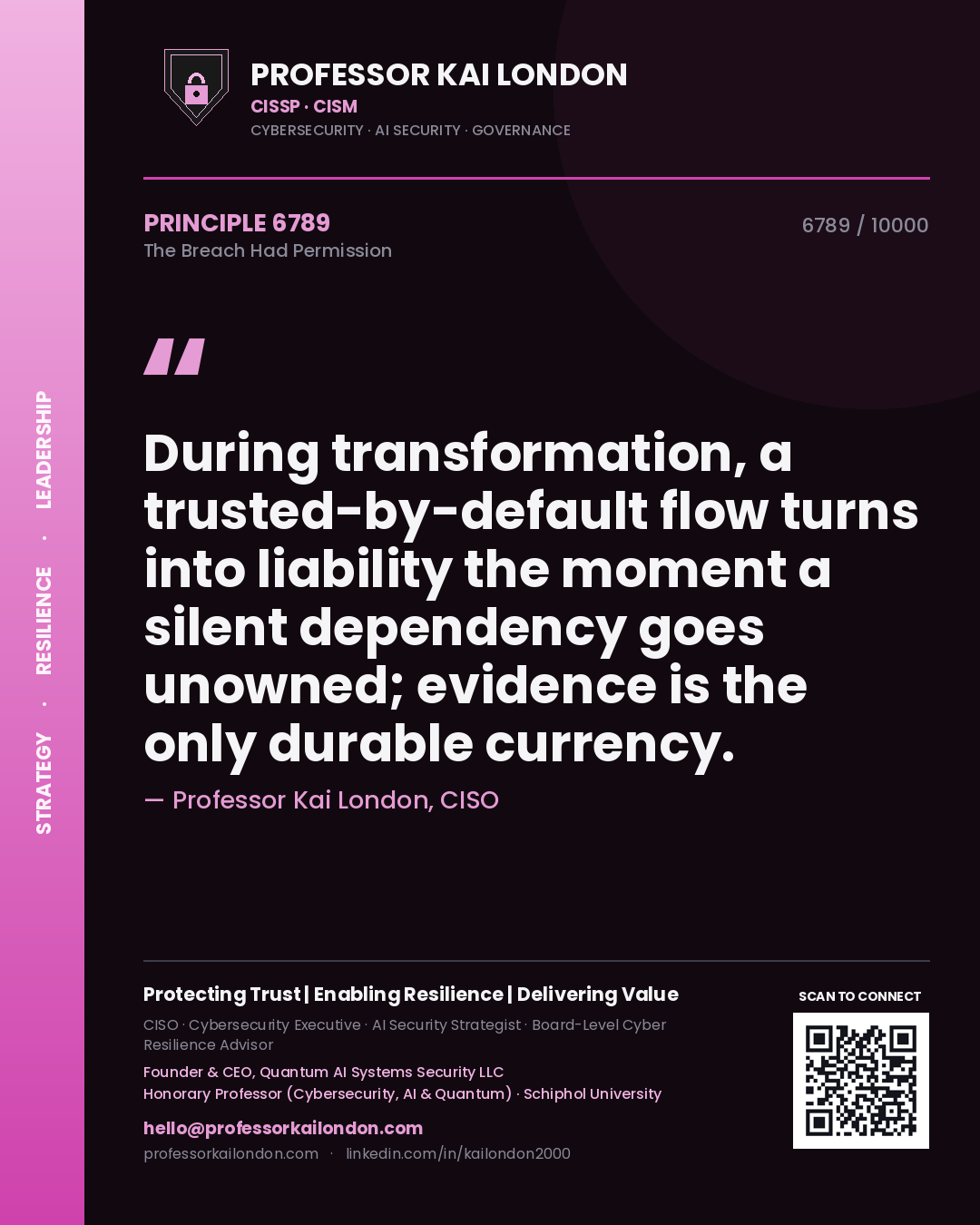 Quote card by Professor Kai London reading 'During transformation, a trusted-by-default flow turns into liability the moment a silent dependency goes unowned; evidence is the only durable currency.'. From the book The Breach Had Permission.