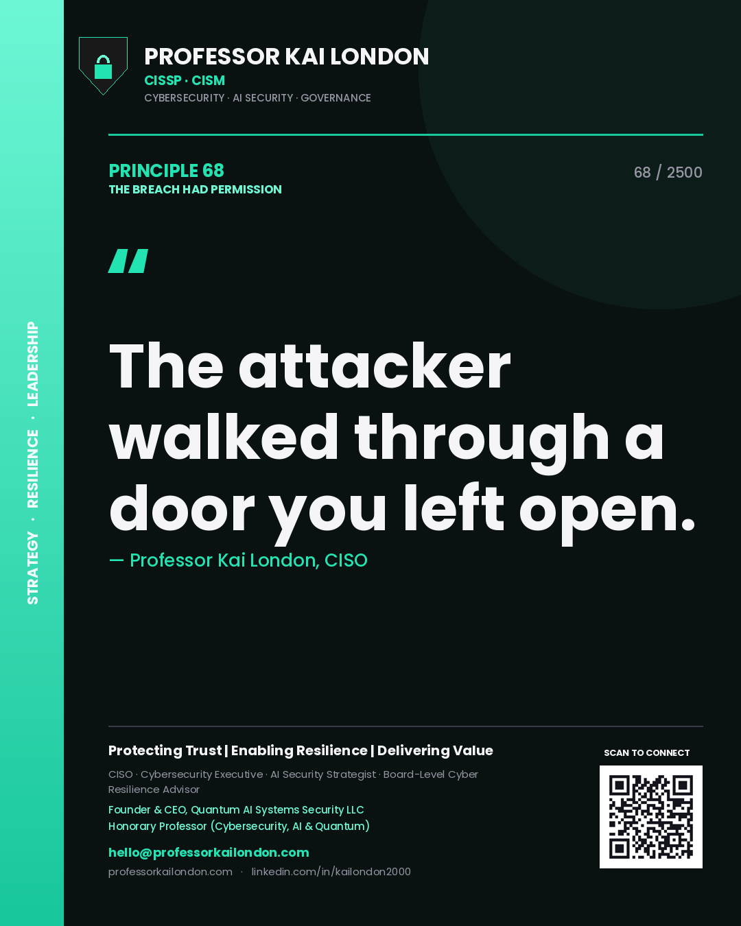 Quote card by Professor Kai London reading 'The attacker walked through a door you left open.'. From the book The Breach Had Permission.