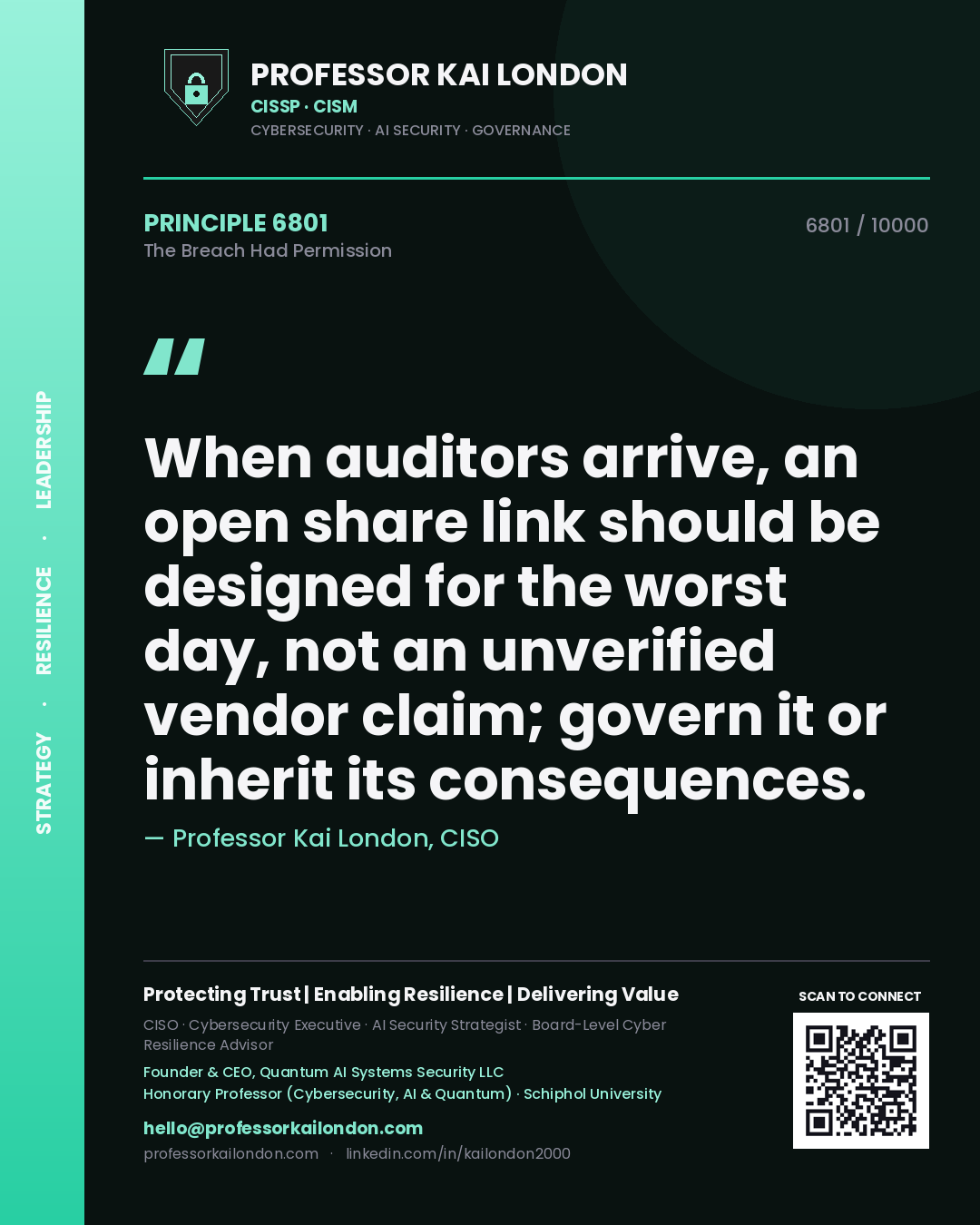 Professor Kai London principle 6801: When auditors arrive, an open share link should be designed for the worst day, not an unverified vendor claim; govern it or inherit its consequences.