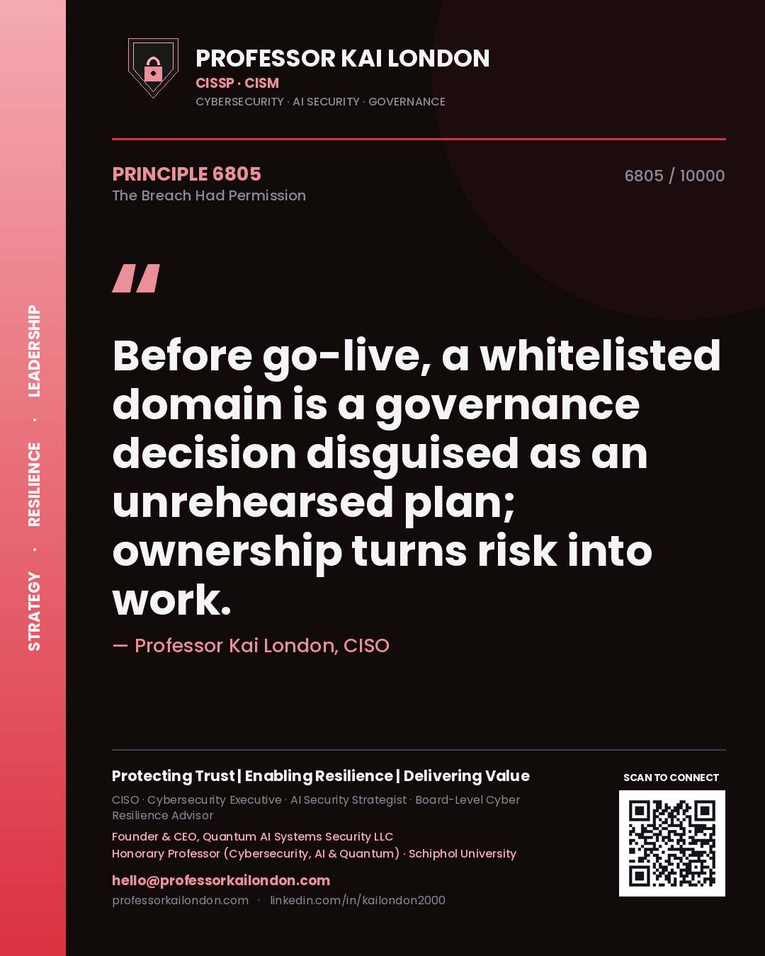 Professor Kai London principle 6805: Before go-live, a whitelisted domain is a governance decision disguised as an unrehearsed plan; ownership turns risk into work.