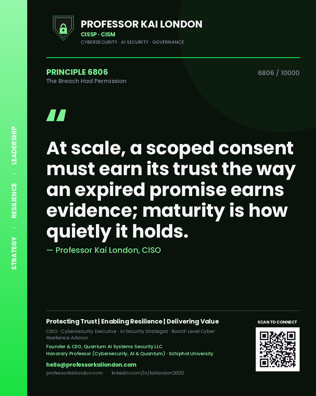 Professor Kai London principle 6806: At scale, a scoped consent must earn its trust the way an expired promise earns evidence; maturity is how quietly it holds.