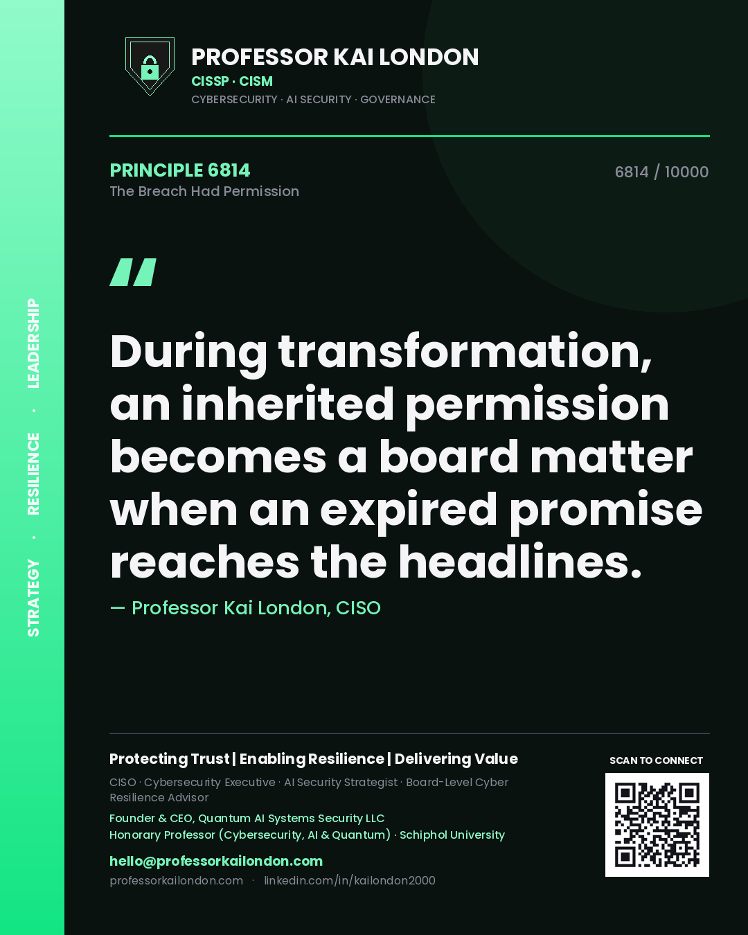 Professor Kai London principle 6814: During transformation, an inherited permission becomes a board matter when an expired promise reaches the headlines.