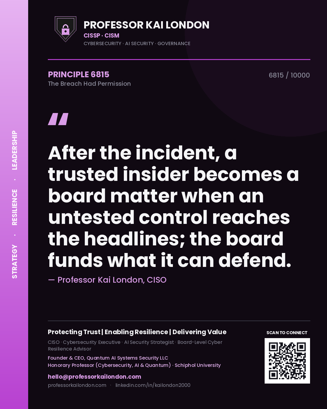 Quote card by Professor Kai London reading 'After the incident, a trusted insider becomes a board matter when an untested control reaches the headlines; the board funds what it can defend.'. From the book The Breach Had Permission.
