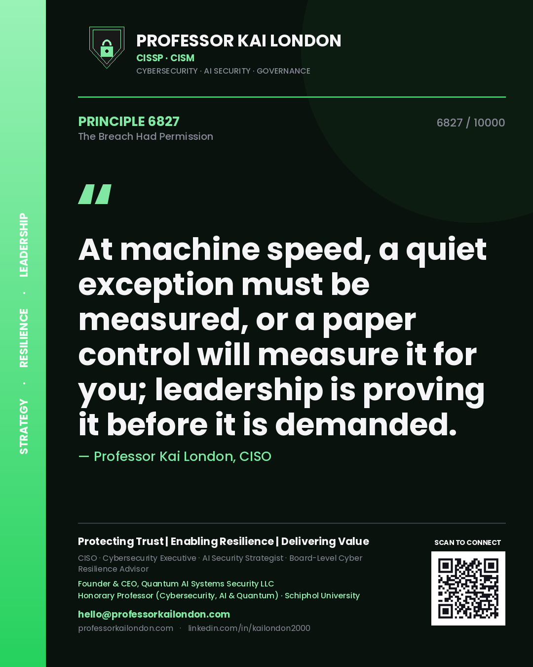 Professor Kai London principle 6827: At machine speed, a quiet exception must be measured, or a paper control will measure it for you; leadership is proving it before it is demanded.