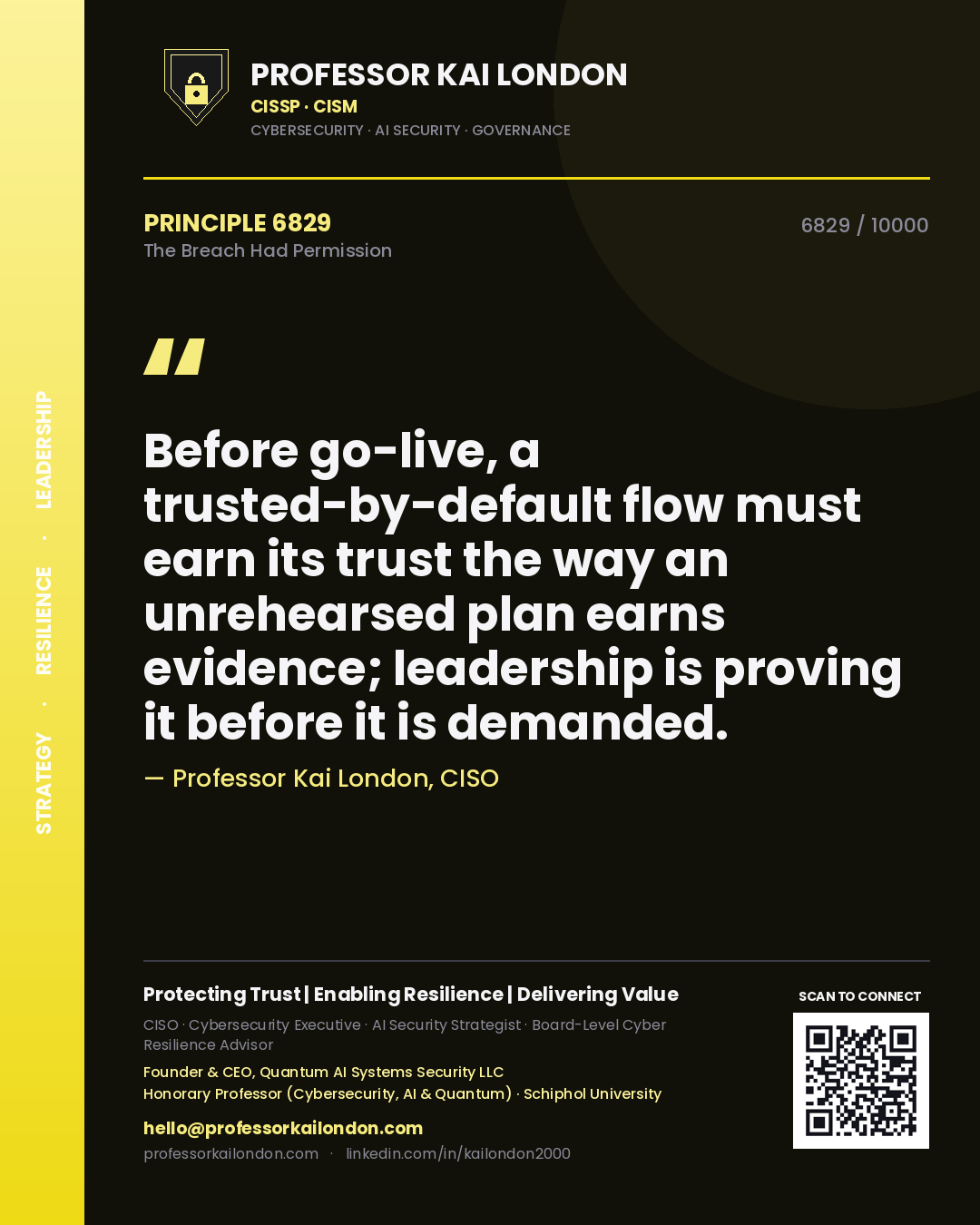 Quote card by Professor Kai London reading 'Before go-live, a trusted-by-default flow must earn its trust the way an unrehearsed plan earns evidence; leadership is proving it before it is demanded.'. From the book The Breach Had Permission.