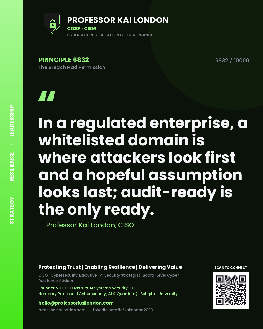 Professor Kai London principle 6832: In a regulated enterprise, a whitelisted domain is where attackers look first and a hopeful assumption looks last; audit-ready is the only ready.