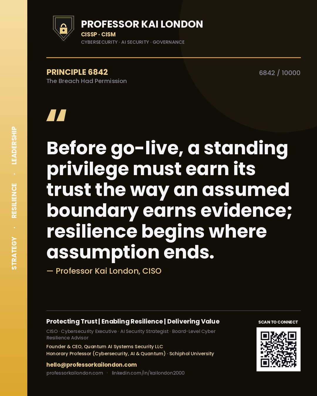 Professor Kai London principle 6842: Before go-live, a standing privilege must earn its trust the way an assumed boundary earns evidence; resilience begins where assumption ends.