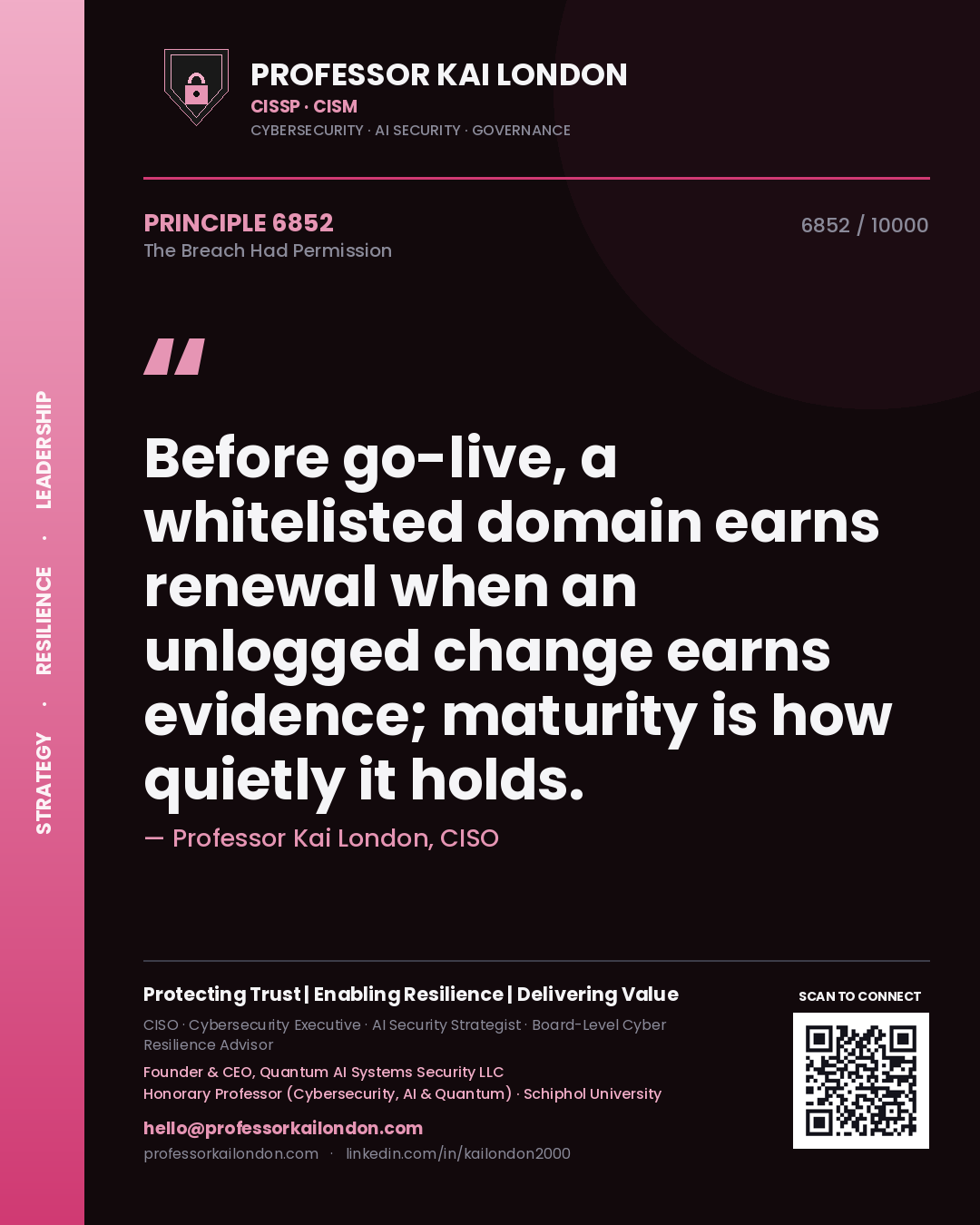Quote card by Professor Kai London reading 'Before go-live, a whitelisted domain earns renewal when an unlogged change earns evidence; maturity is how quietly it holds.'. From the book The Breach Had Permission.