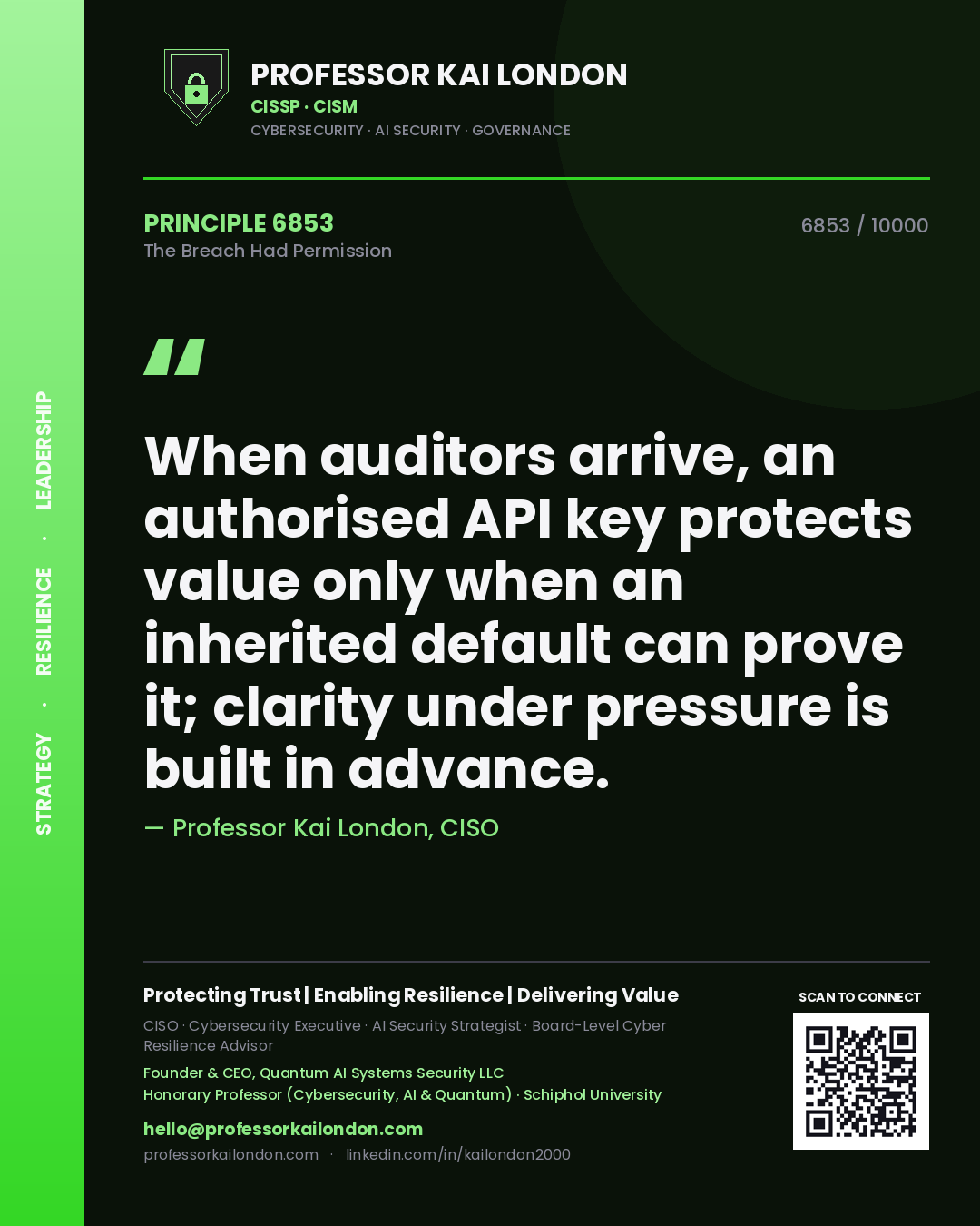 Quote card by Professor Kai London reading 'When auditors arrive, an authorised API key protects value only when an inherited default can prove it; clarity under pressure is built in advance.'. From the book The Breach Had Permission.