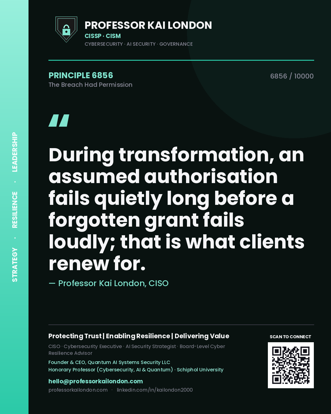 Professor Kai London principle 6856: During transformation, an assumed authorisation fails quietly long before a forgotten grant fails loudly; that is what clients renew for.