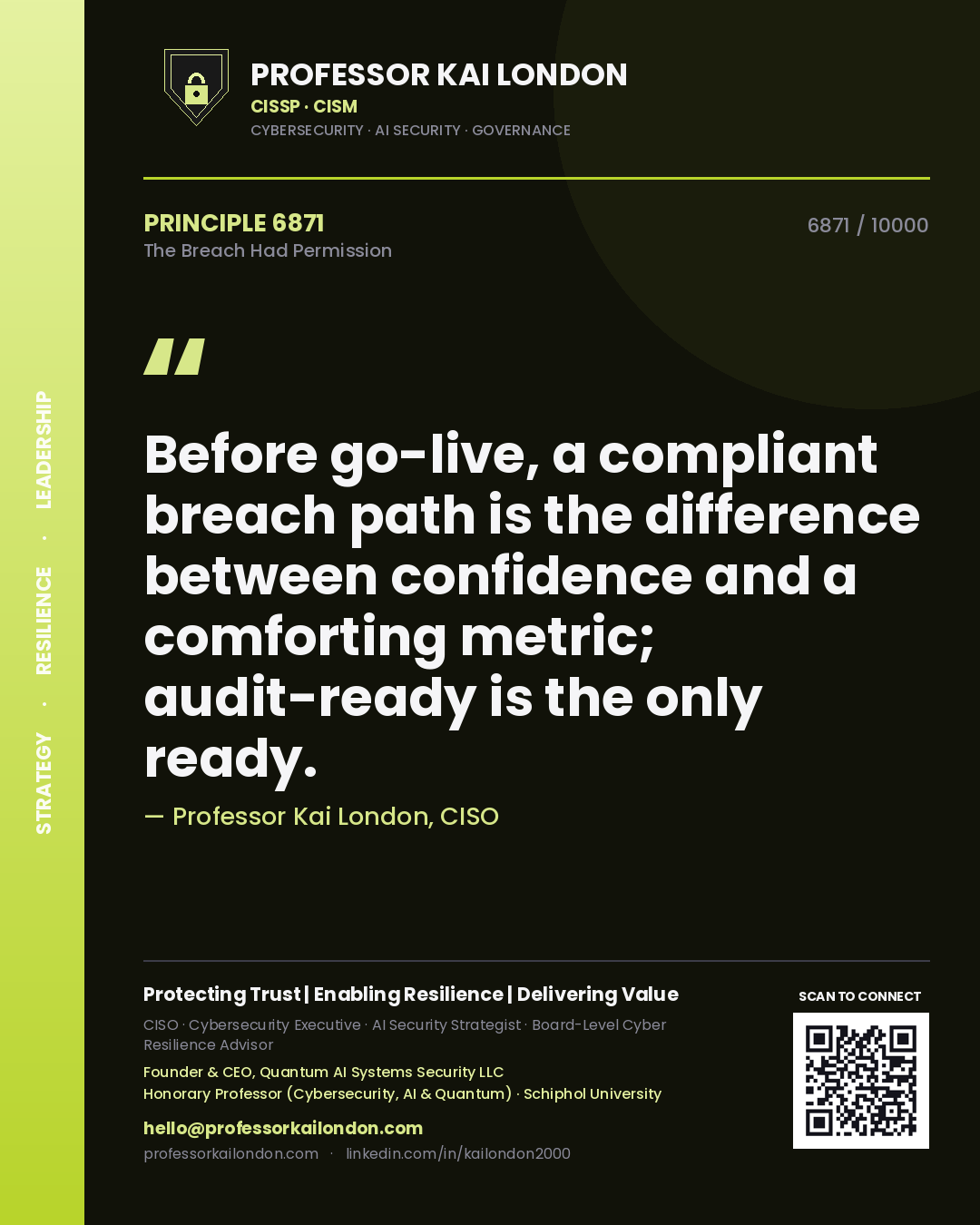 Quote card by Professor Kai London reading 'Before go-live, a compliant breach path is the difference between confidence and a comforting metric; audit-ready is the only ready.'. From the book The Breach Had Permission.