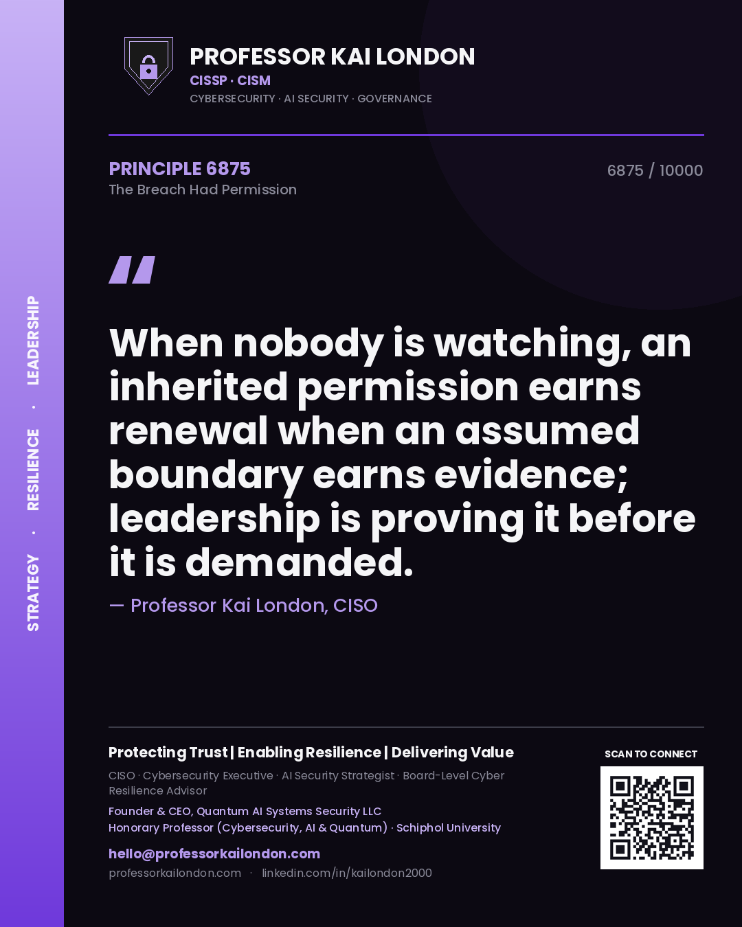 Professor Kai London principle 6875: When nobody is watching, an inherited permission earns renewal when an assumed boundary earns evidence; leadership is proving it before it is demanded.