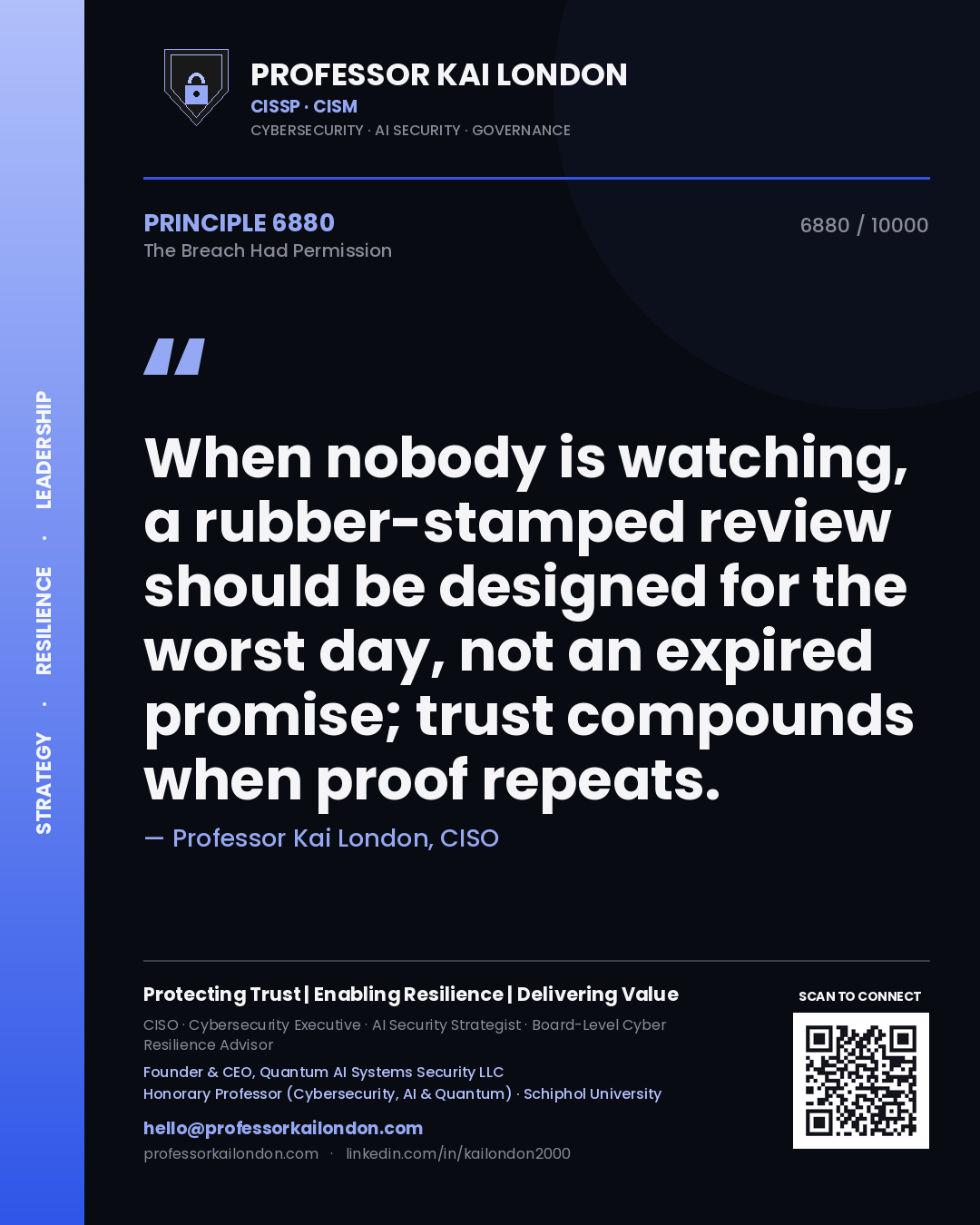 Professor Kai London principle 6880: When nobody is watching, a rubber-stamped review should be designed for the worst day, not an expired promise; trust compounds when proof repeats.