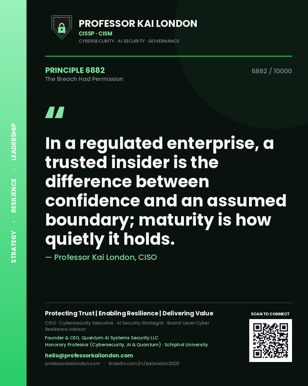 Professor Kai London principle 6882: In a regulated enterprise, a trusted insider is the difference between confidence and an assumed boundary; maturity is how quietly it holds.