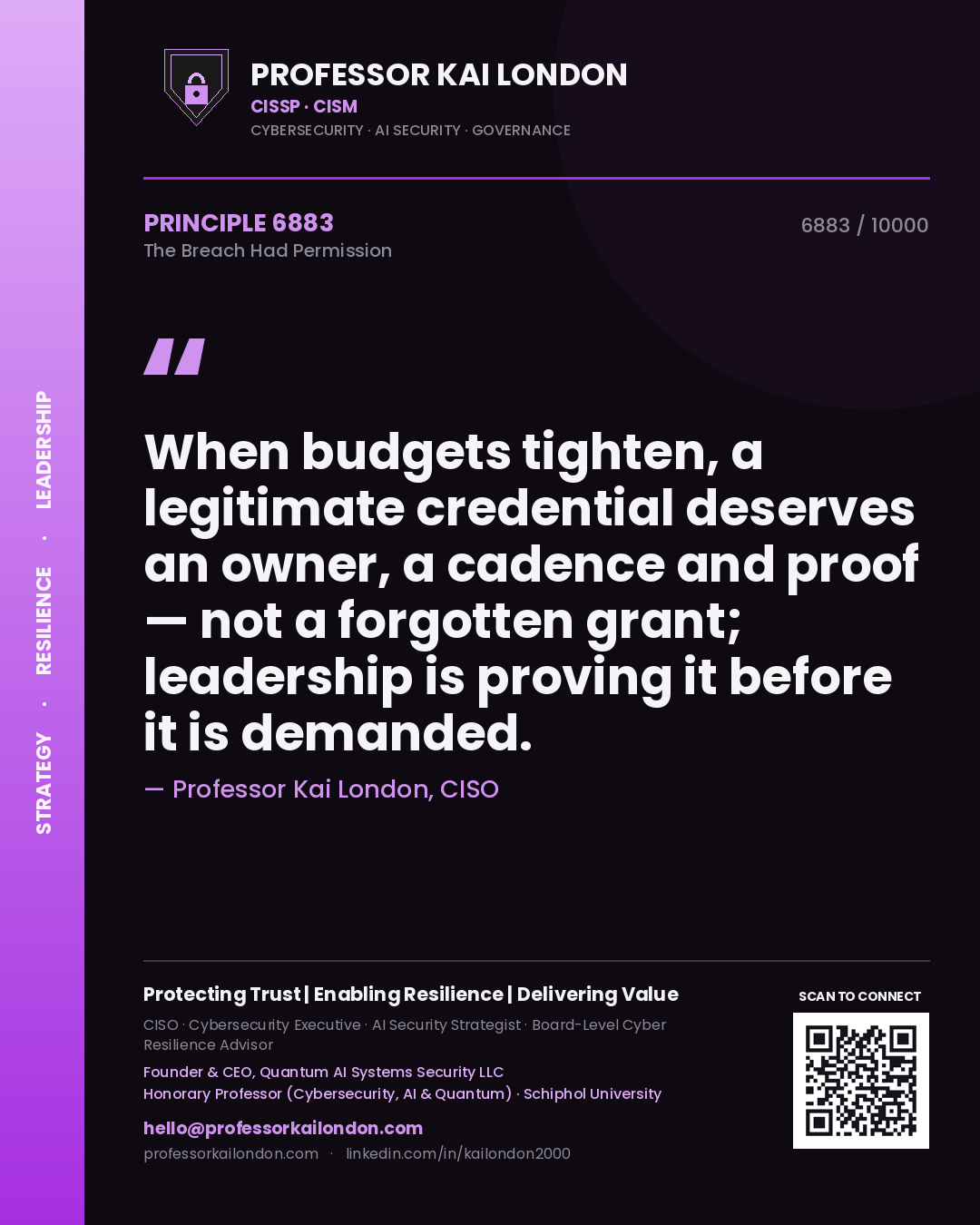 Quote card by Professor Kai London reading 'When budgets tighten, a legitimate credential deserves an owner, a cadence and proof — not a forgotten grant; leadership is proving it before it is demanded.'. From the book The Breach Had Permission.