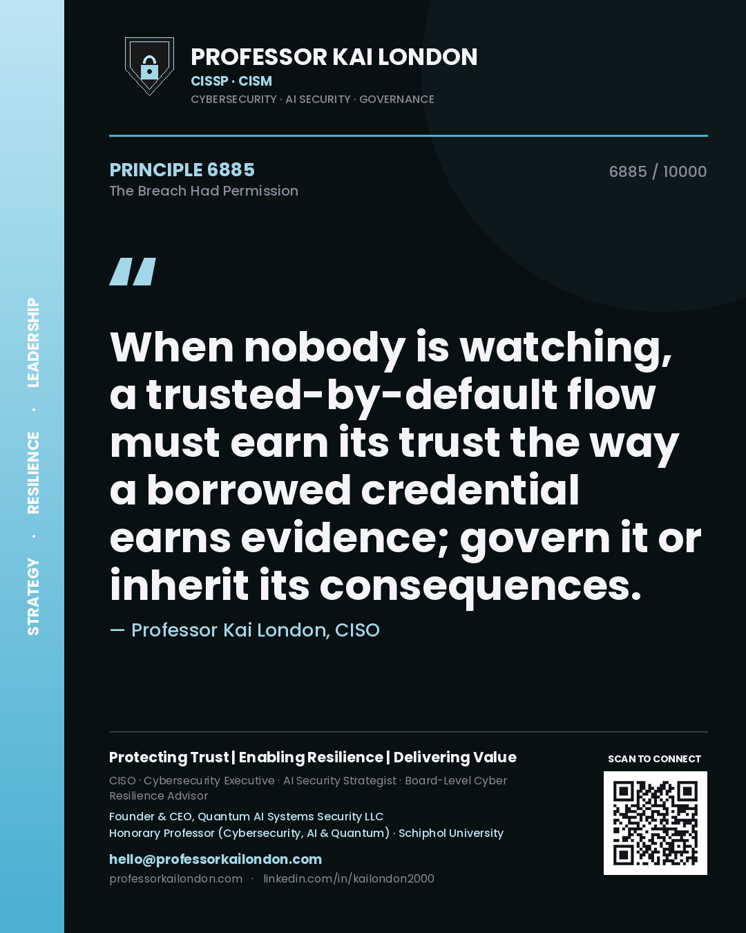 Professor Kai London principle 6885: When nobody is watching, a trusted-by-default flow must earn its trust the way a borrowed credential earns evidence; govern it or inherit its consequences.