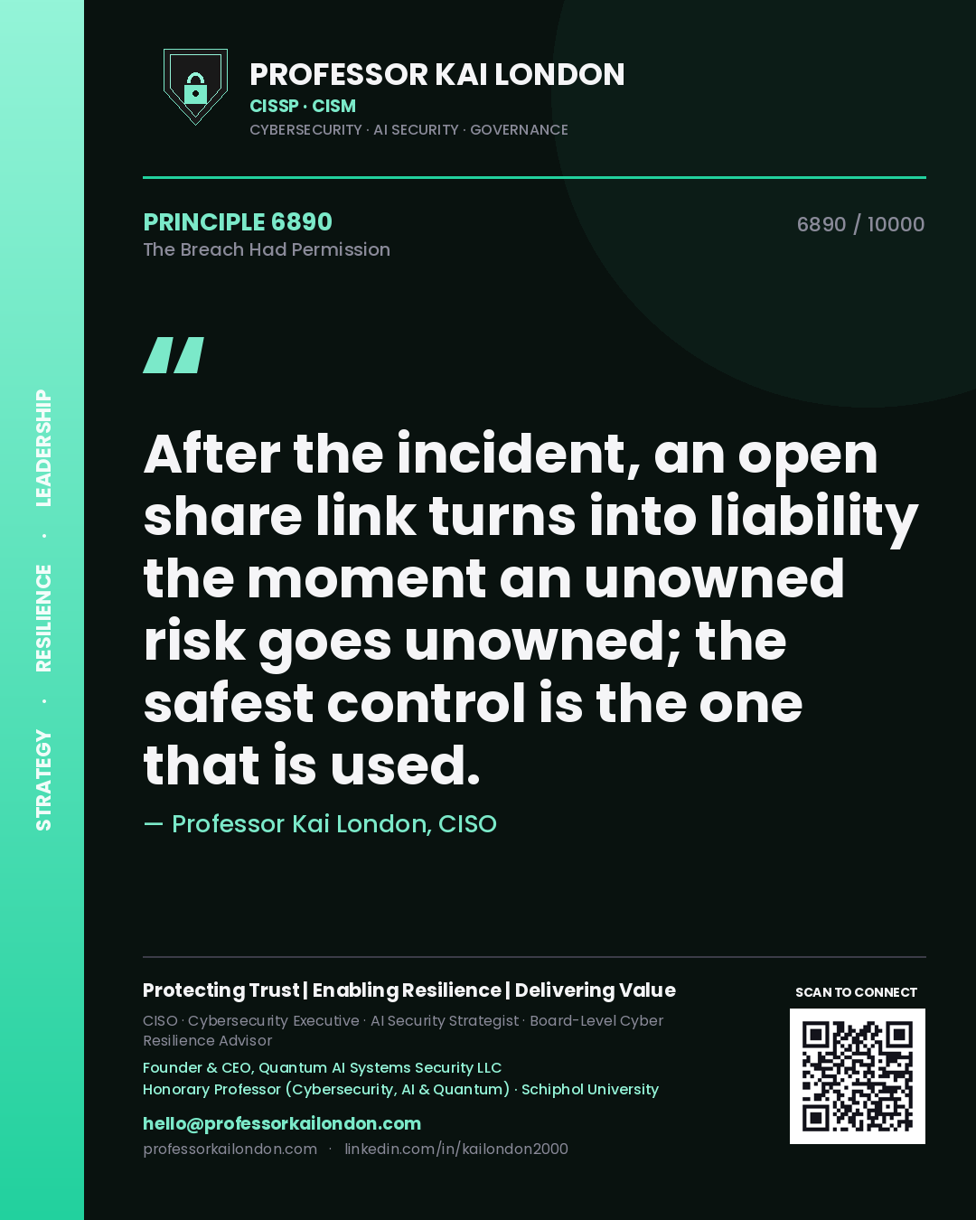Quote card by Professor Kai London reading 'After the incident, an open share link turns into liability the moment an unowned risk goes unowned; the safest control is the one that is used.'. From the book The Breach Had Permission.