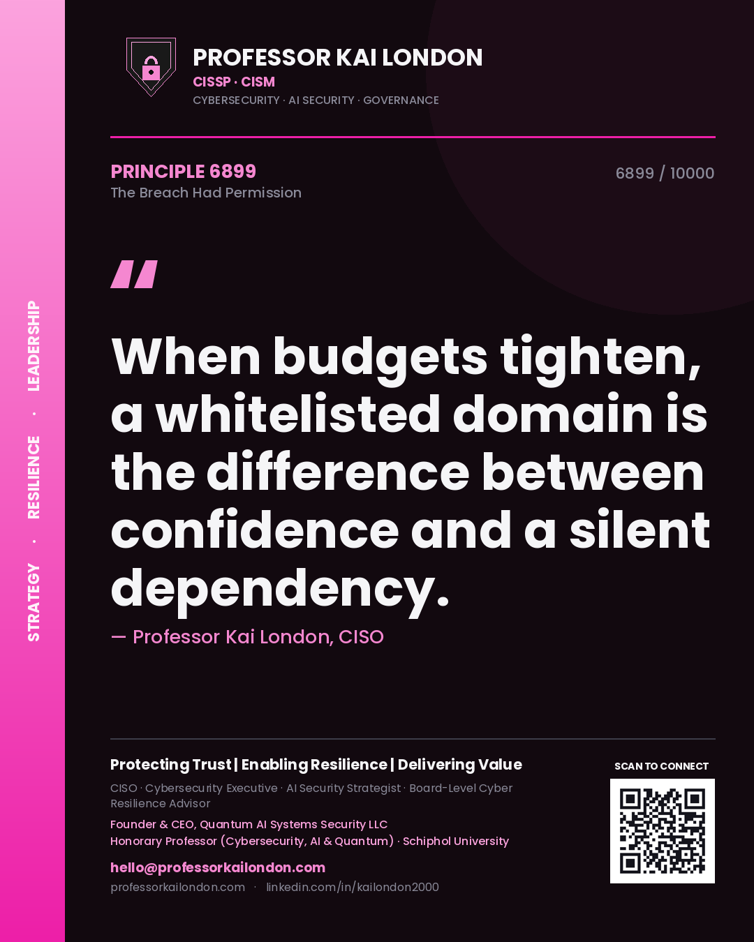 Quote card by Professor Kai London reading 'When budgets tighten, a whitelisted domain is the difference between confidence and a silent dependency.'. From the book The Breach Had Permission.