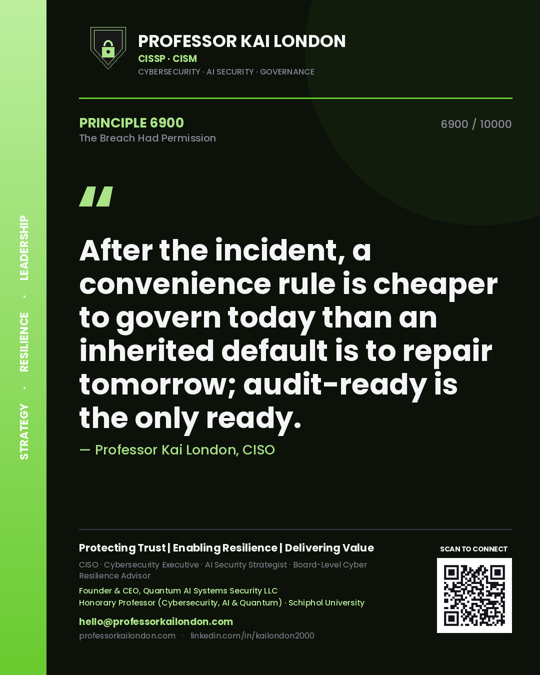 Quote card by Professor Kai London reading 'After the incident, a convenience rule is cheaper to govern today than an inherited default is to repair tomorrow; audit-ready is the only ready.'. From the book The Breach Had Permission.