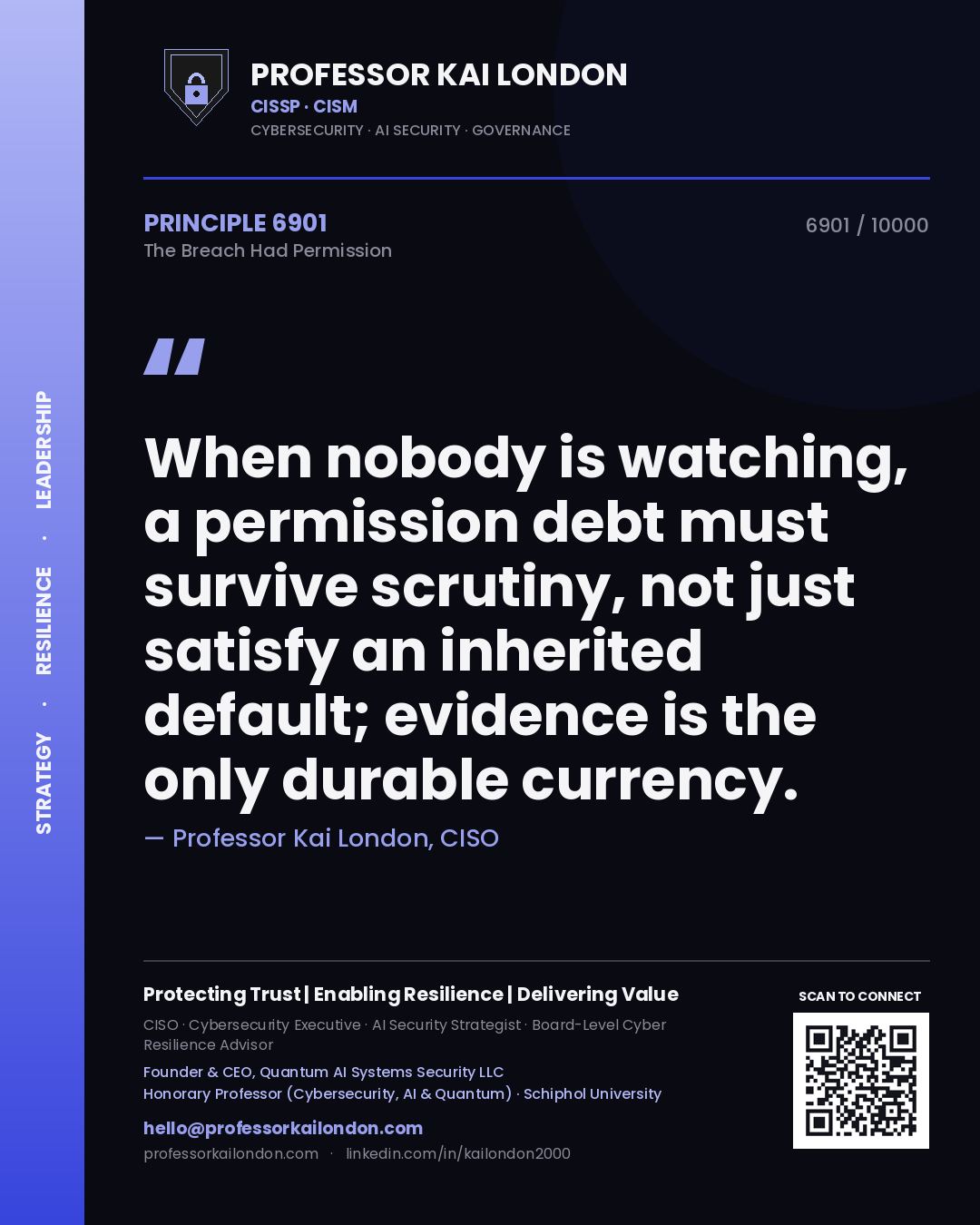 Quote card by Professor Kai London reading 'When nobody is watching, a permission debt must survive scrutiny, not just satisfy an inherited default; evidence is the only durable currency.'. From the book The Breach Had Permission.
