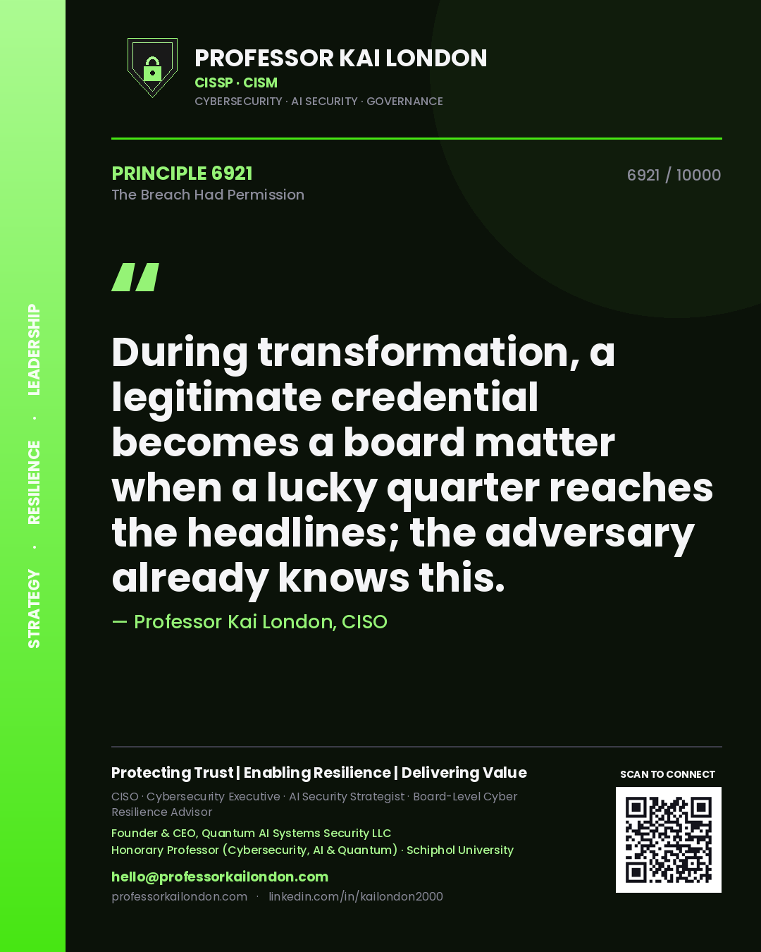 Professor Kai London principle 6921: During transformation, a legitimate credential becomes a board matter when a lucky quarter reaches the headlines; the adversary already knows this.