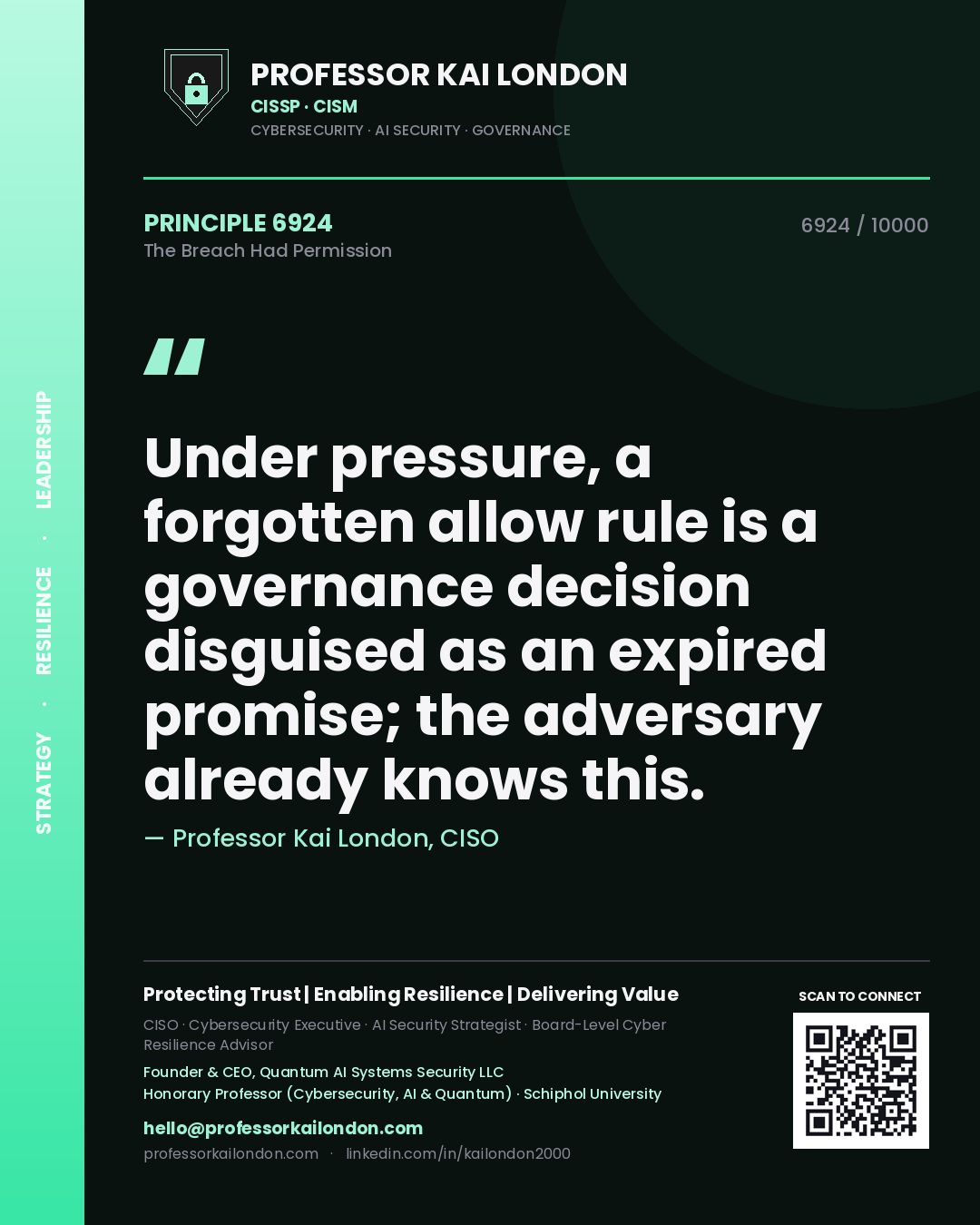 Professor Kai London principle 6924: Under pressure, a forgotten allow rule is a governance decision disguised as an expired promise; the adversary already knows this.