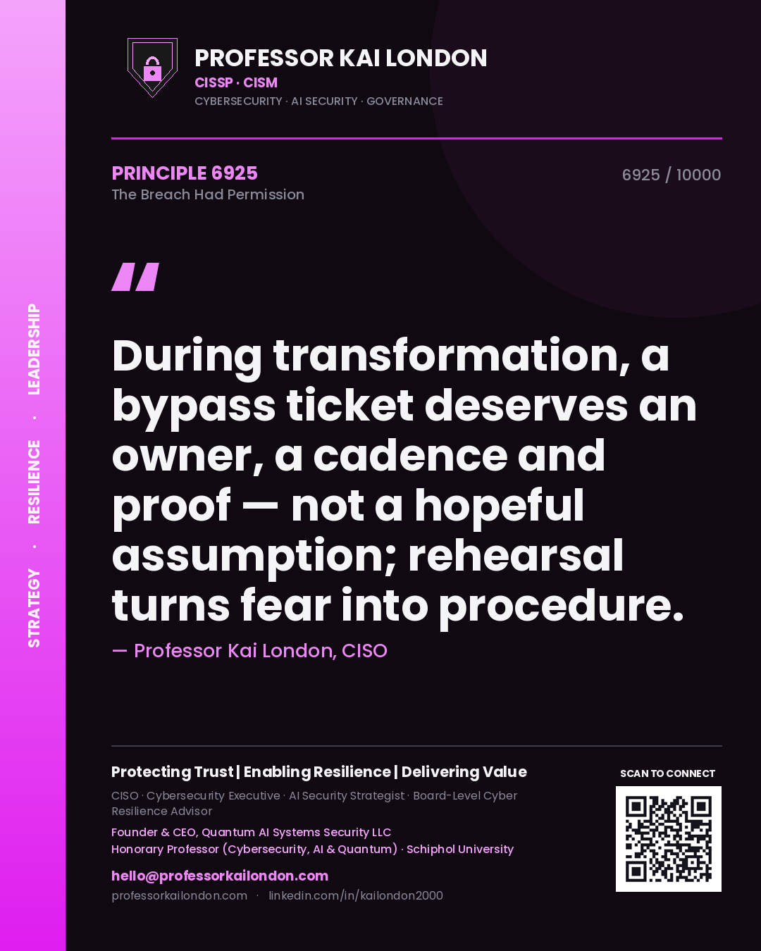 Professor Kai London principle 6925: During transformation, a bypass ticket deserves an owner, a cadence and proof — not a hopeful assumption; rehearsal turns fear into procedure.