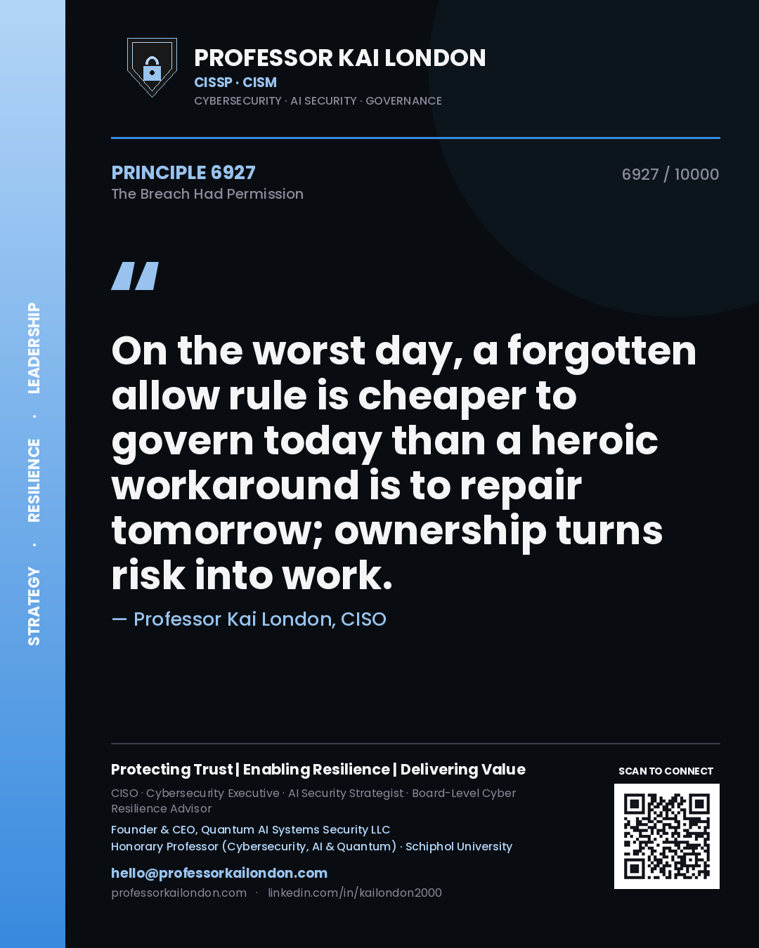 Professor Kai London principle 6927: On the worst day, a forgotten allow rule is cheaper to govern today than a heroic workaround is to repair tomorrow; ownership turns risk into work.