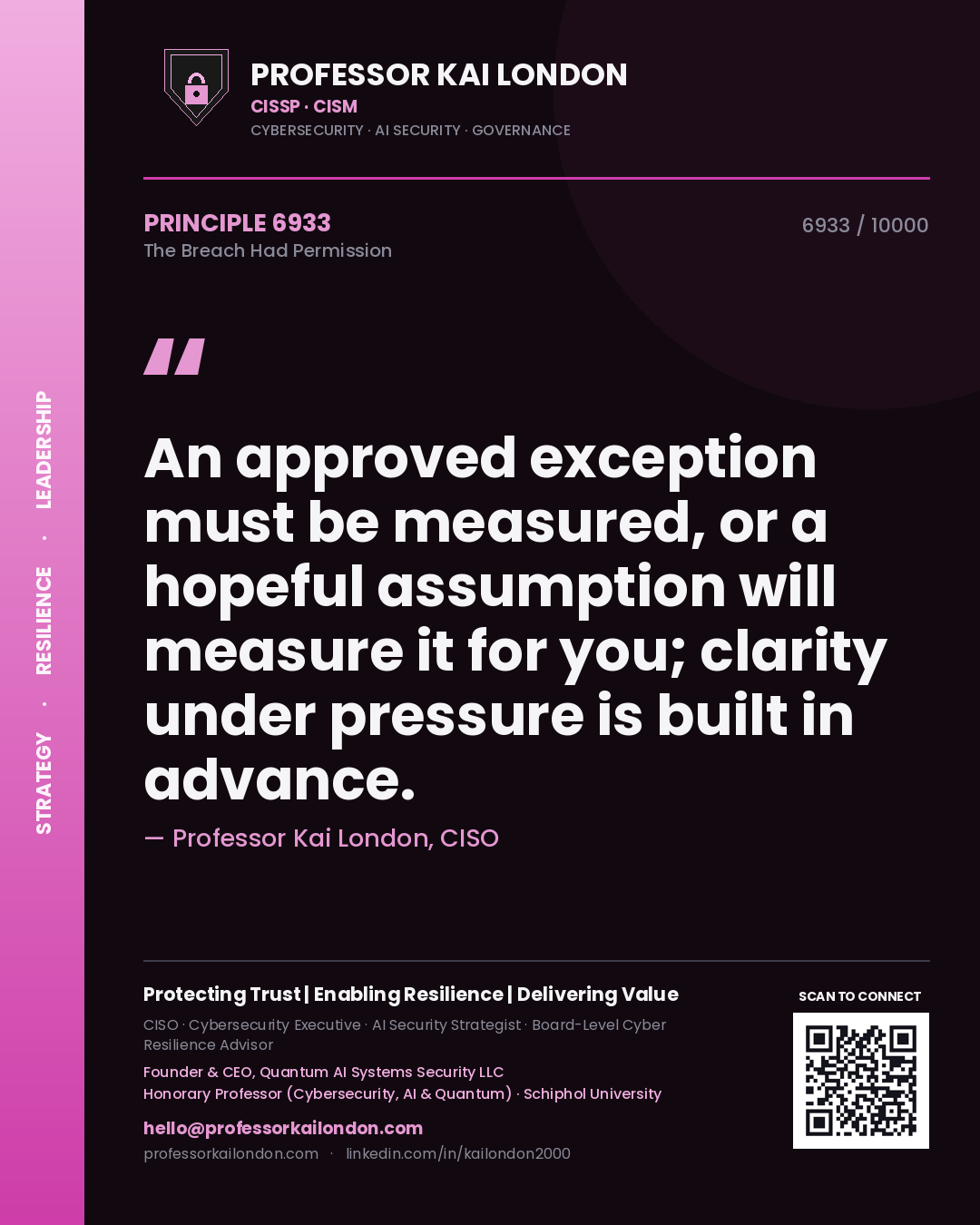 Quote card by Professor Kai London reading 'An approved exception must be measured, or a hopeful assumption will measure it for you; clarity under pressure is built in advance.'. From the book The Breach Had Permission.