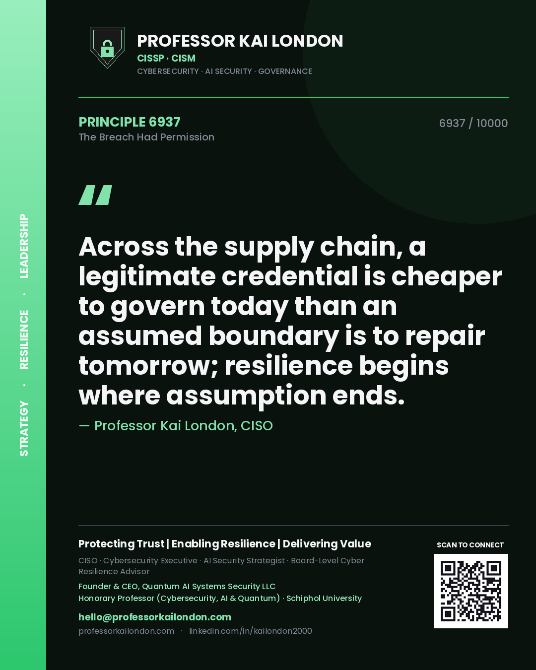 Quote card by Professor Kai London reading 'Across the supply chain, a legitimate credential is cheaper to govern today than an assumed boundary is to repair tomorrow; resilience begins where assumption ends.'. From the book The Breach Had Permission.