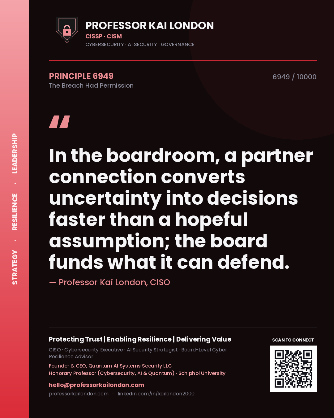 Quote card by Professor Kai London reading 'In the boardroom, a partner connection converts uncertainty into decisions faster than a hopeful assumption; the board funds what it can defend.'. From the book The Breach Had Permission.