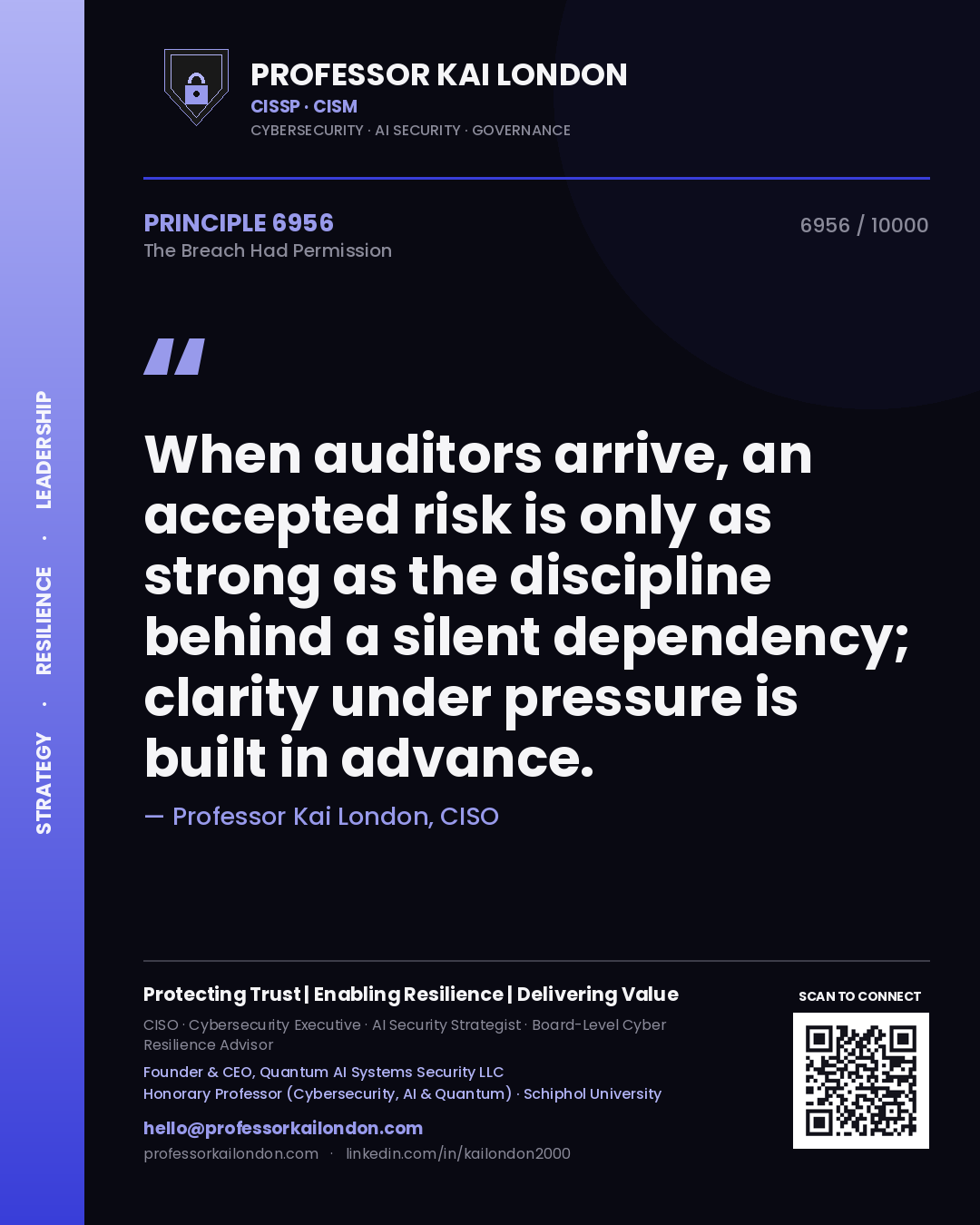 Quote card by Professor Kai London reading 'When auditors arrive, an accepted risk is only as strong as the discipline behind a silent dependency; clarity under pressure is built in advance.'. From the book The Breach Had Permission.