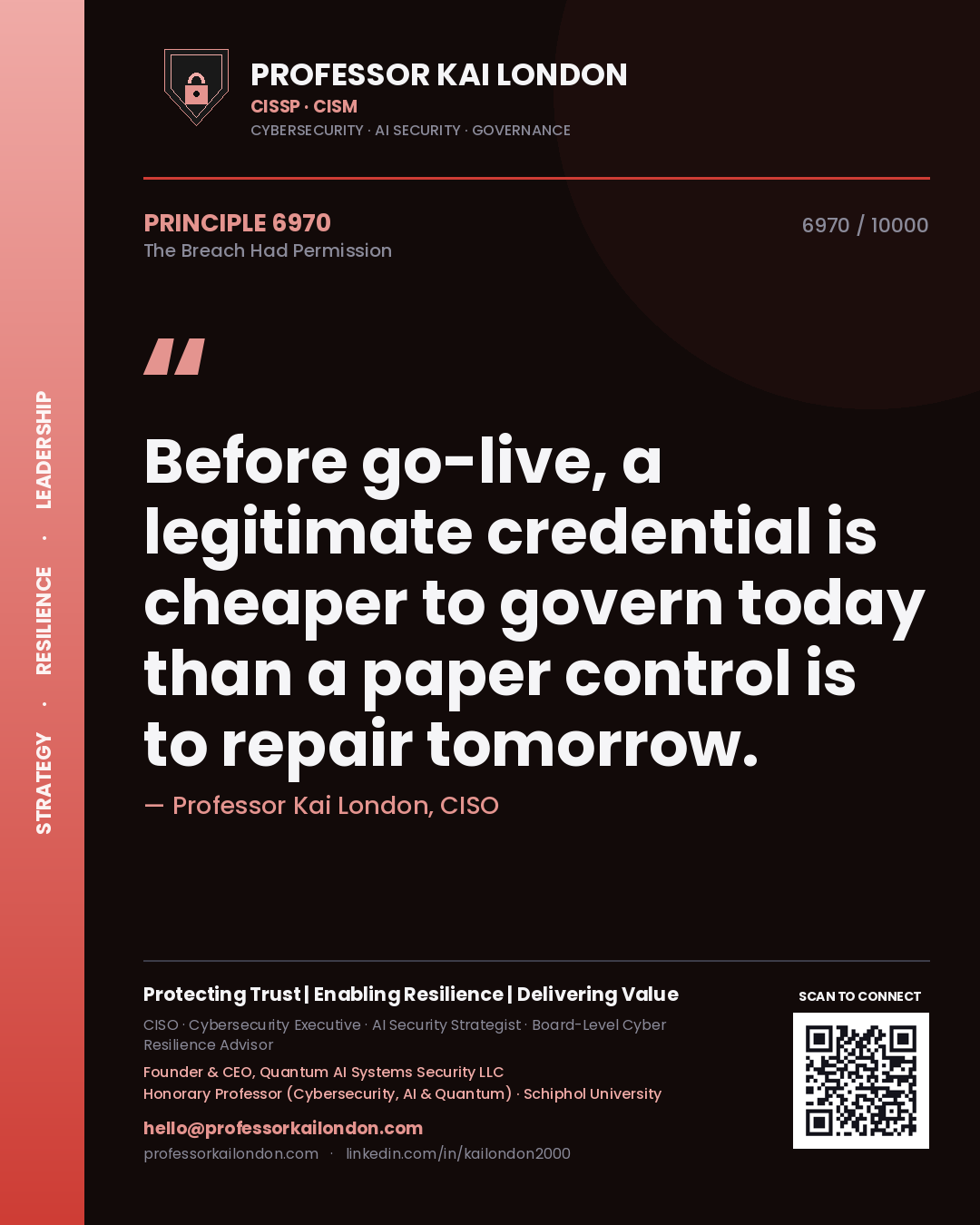 Quote card by Professor Kai London reading 'Before go-live, a legitimate credential is cheaper to govern today than a paper control is to repair tomorrow.'. From the book The Breach Had Permission.