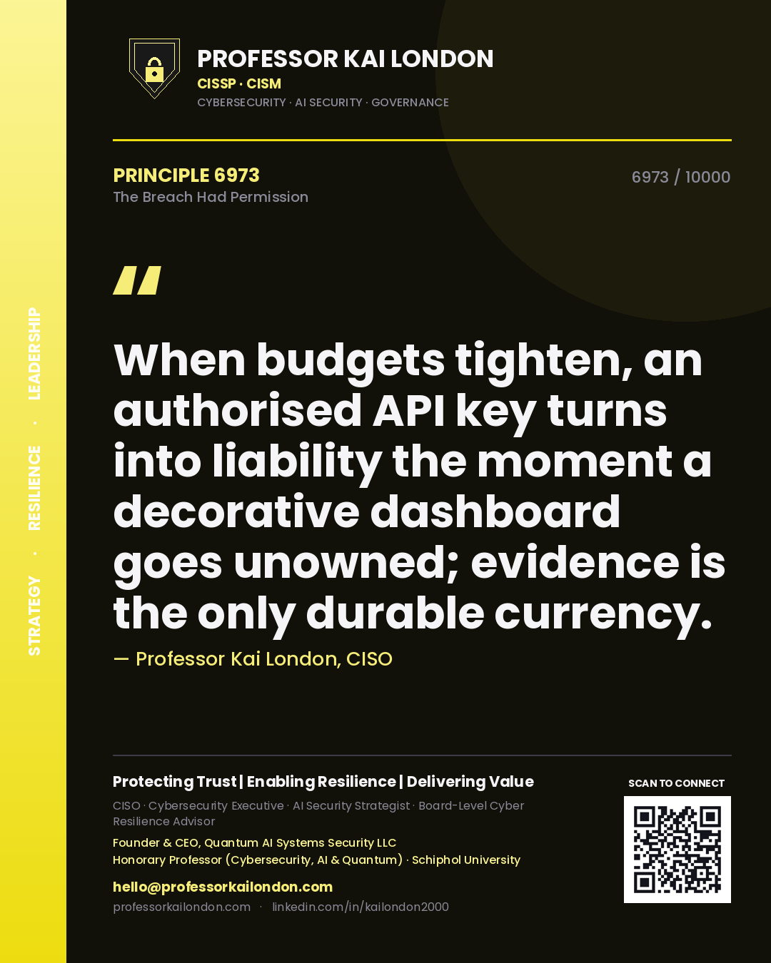 Quote card by Professor Kai London reading 'When budgets tighten, an authorised API key turns into liability the moment a decorative dashboard goes unowned; evidence is the only durable currency.'. From the book The Breach Had Permission.