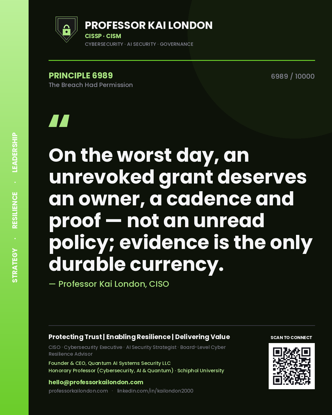 Quote card by Professor Kai London reading 'On the worst day, an unrevoked grant deserves an owner, a cadence and proof — not an unread policy; evidence is the only durable currency.'. From the book The Breach Had Permission.