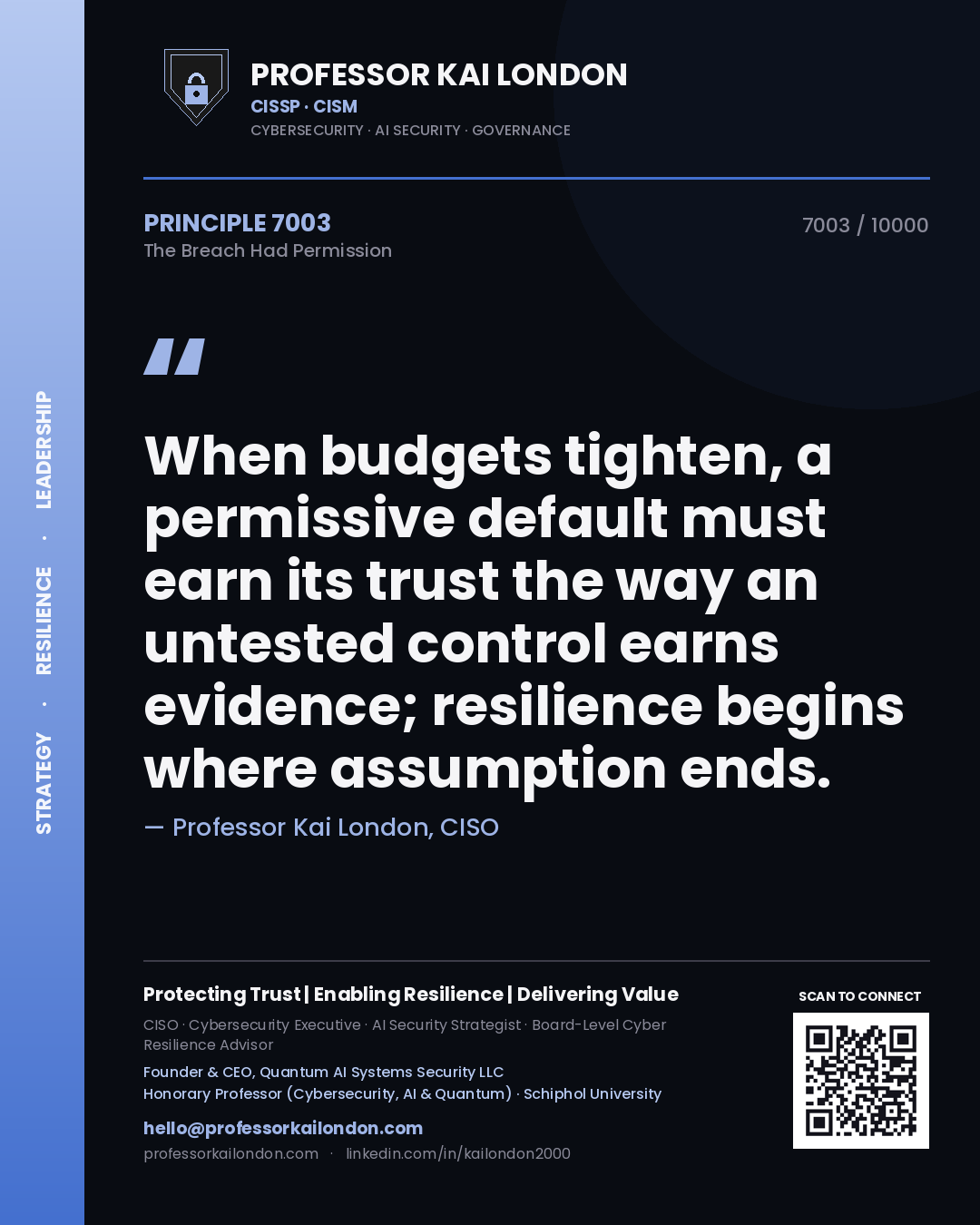 Professor Kai London principle 7003: When budgets tighten, a permissive default must earn its trust the way an untested control earns evidence; resilience begins where assumption ends.