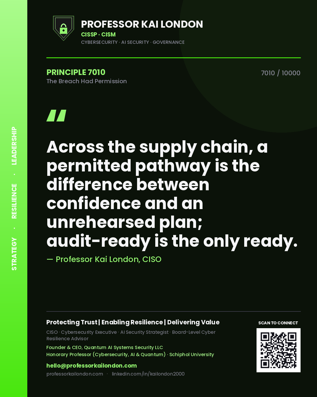 Quote card by Professor Kai London reading 'Across the supply chain, a permitted pathway is the difference between confidence and an unrehearsed plan; audit-ready is the only ready.'. From the book The Breach Had Permission.