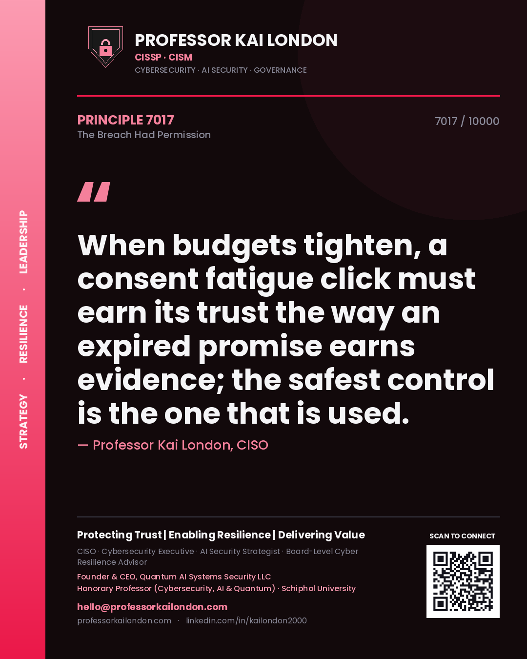 Quote card by Professor Kai London reading 'When budgets tighten, a consent fatigue click must earn its trust the way an expired promise earns evidence; the safest control is the one that is used.'. From the book The Breach Had Permission.