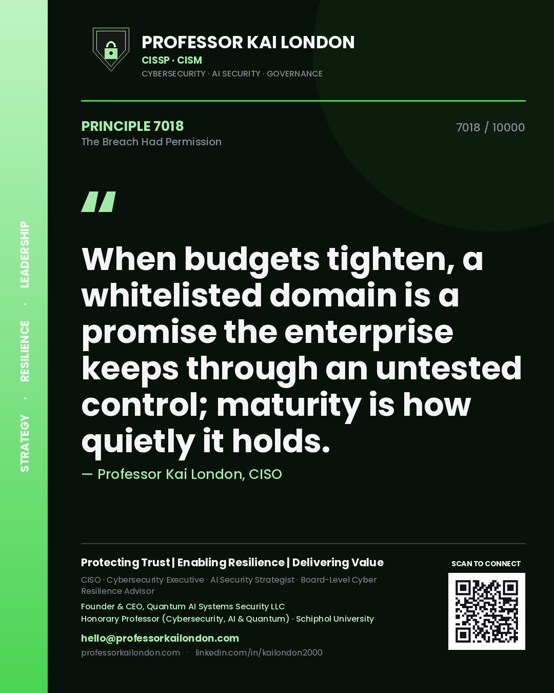 Professor Kai London principle 7018: When budgets tighten, a whitelisted domain is a promise the enterprise keeps through an untested control; maturity is how quietly it holds.