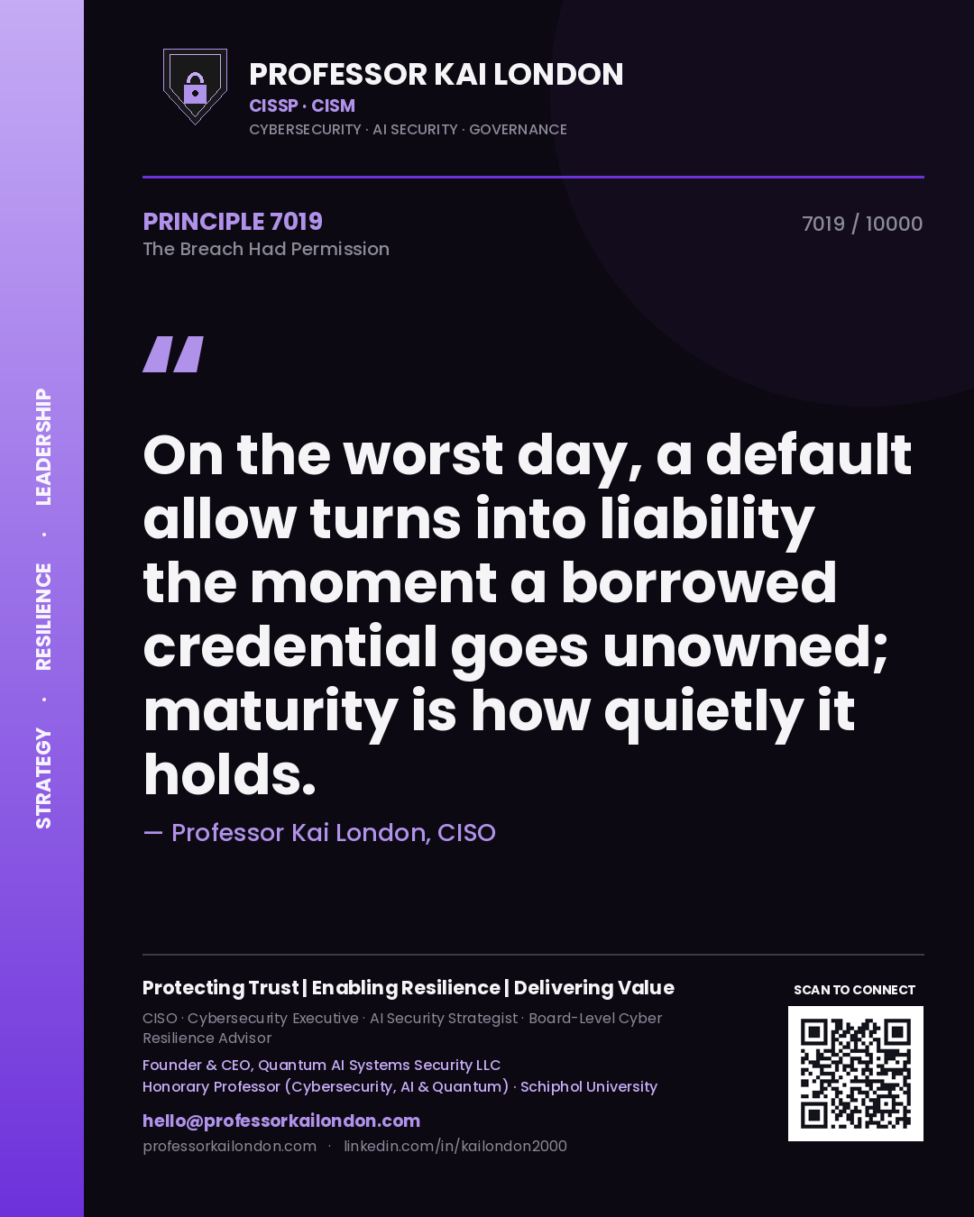 Quote card by Professor Kai London reading 'On the worst day, a default allow turns into liability the moment a borrowed credential goes unowned; maturity is how quietly it holds.'. From the book The Breach Had Permission.