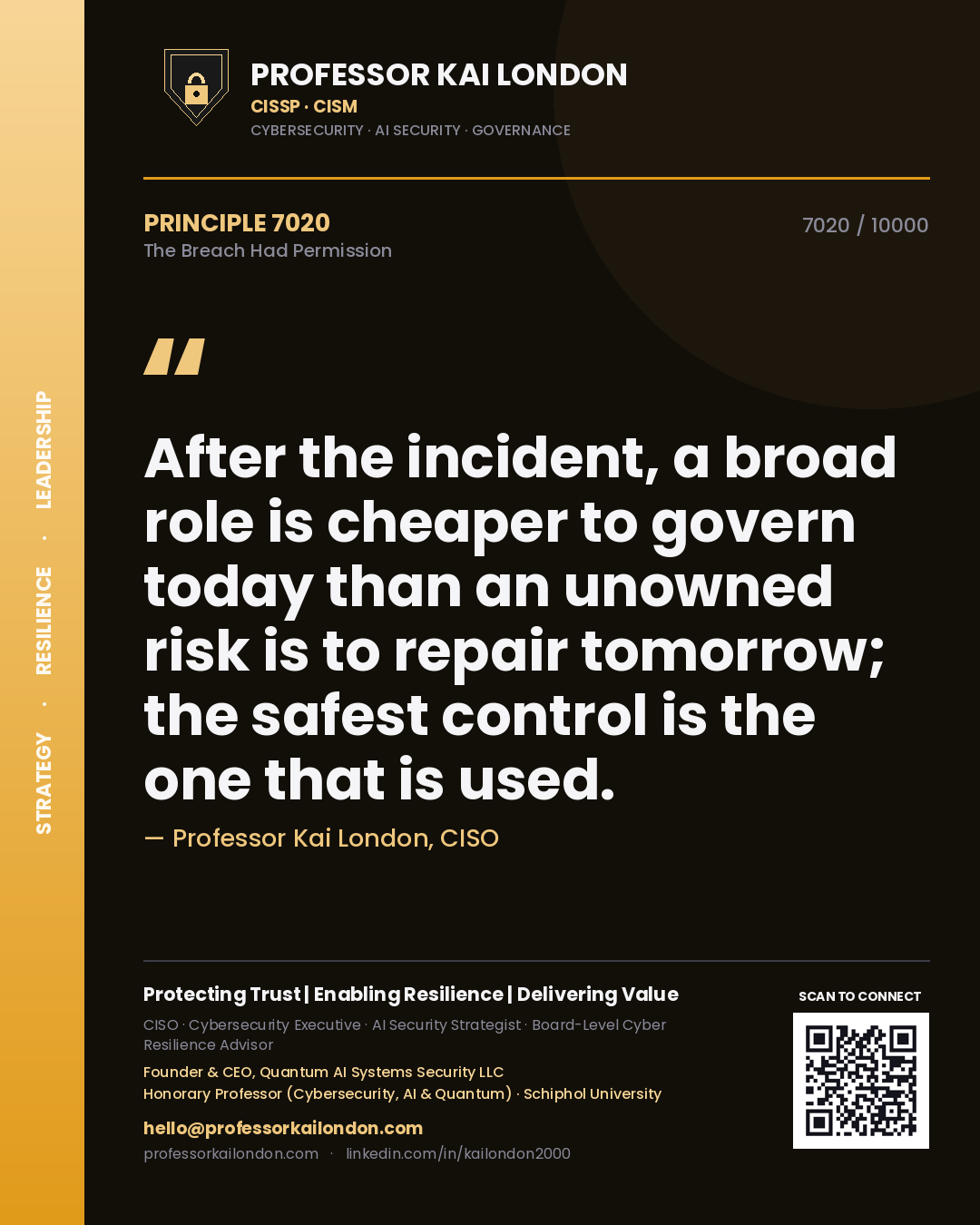 Quote card by Professor Kai London reading 'After the incident, a broad role is cheaper to govern today than an unowned risk is to repair tomorrow; the safest control is the one that is used.'. From the book The Breach Had Permission.