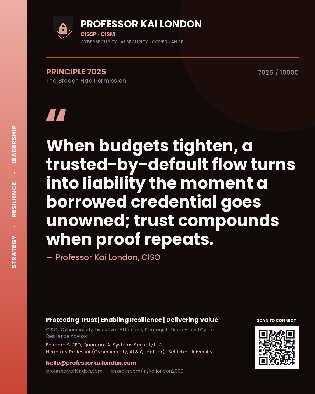 Professor Kai London principle 7025: When budgets tighten, a trusted-by-default flow turns into liability the moment a borrowed credential goes unowned; trust compounds when proof repeats.