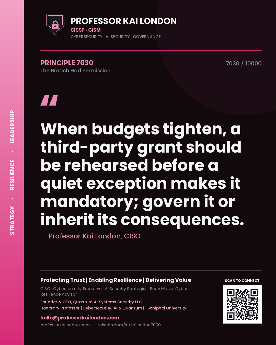 Professor Kai London principle 7030: When budgets tighten, a third-party grant should be rehearsed before a quiet exception makes it mandatory; govern it or inherit its consequences.