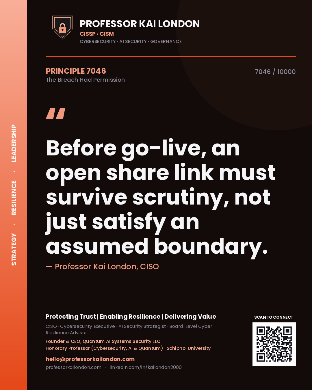 Professor Kai London principle 7046: Before go-live, an open share link must survive scrutiny, not just satisfy an assumed boundary.